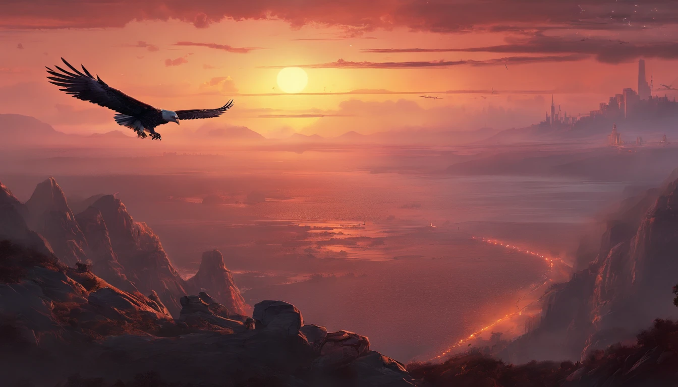 (extremely detailed CG unit8k wallpaper, Master parts, Best quality), amazing sunset, The eagle flies over the horizon.