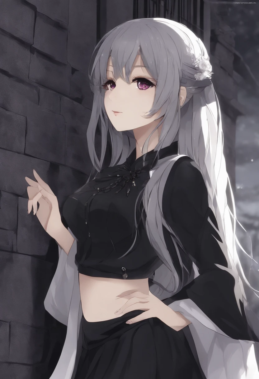 Anime character in black and white costume standing in front of a wall, Pin no anime, personagem de anime feminino, como um personagem de anime, menina anime loira com cabelo longo, visual anime de uma menina bonito, menina perfeita de cabelos brancos, divindade de cabelos brancos, Garota Anime usando um vestido preto e roxo, estilo anime como destino/noite de estadia, 1 7 - year - old anime goth girl