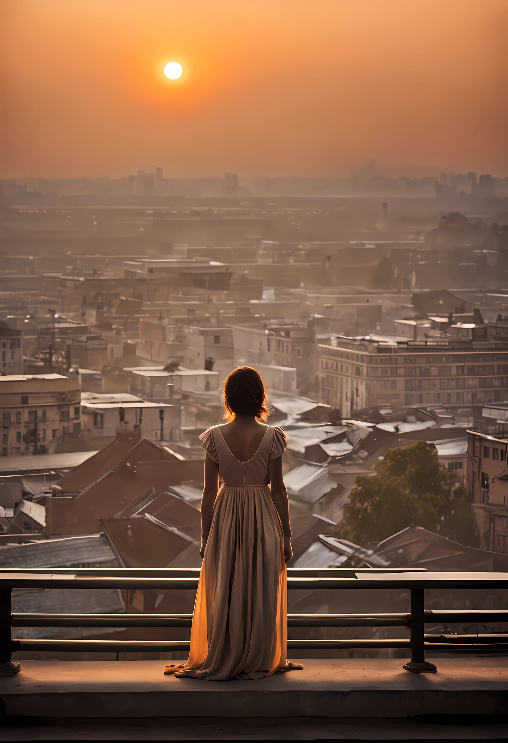 When the first rays of dawn begin to hit the city, Lonely girl standing on rooftop, Gaze at the waking metropolis. Her face is illuminated by something soft, Gentle shades of the rising sun, Cast a warm glow on her features. The city below is still shrouded in the quiet silence before dawn, Softer streetlights, Amber glow on an empty street.