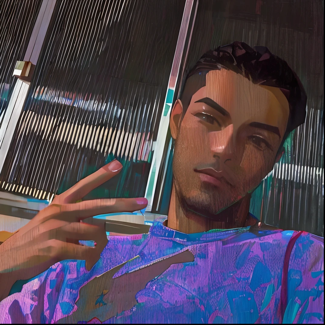 There's a man sitting in a chair holding a cell phone, taken in the early 2020s, dessaturados!!, neo vaporwave |, arrepiante, em torno de 1 9 anos, foto de perfil 1024px, ((Saturado)), aka dream, hip hop vaporwave, foto de perfil, Assumiu o iPad, inspirado em Zhu Da