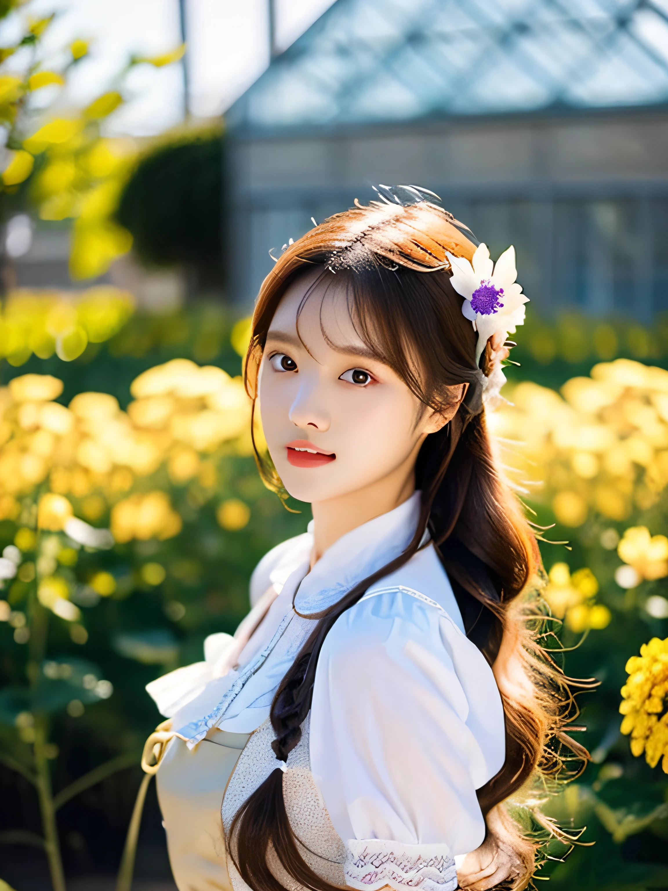 ((Flower style)), (Advancer), (1girl in), (((Solo))), (Realistic:1.5), light Particle, llight rays, Victorian, (Best Illustration), Photorealistic, Octane Render, 8K, Neon light, Flying Cars, Detailed face, Detailed eyes, ((maid)), maid headband, long braid, Very long hair, Blonde hair, Blue eyes, (Sharp eyeliner, eyeshadows, Detailed eyes:1.1), (ulzzang-6500), model poses, (Standing), (Outdoors), Noon time, public area, Indoors, (Greenhouse in the background), Break G36