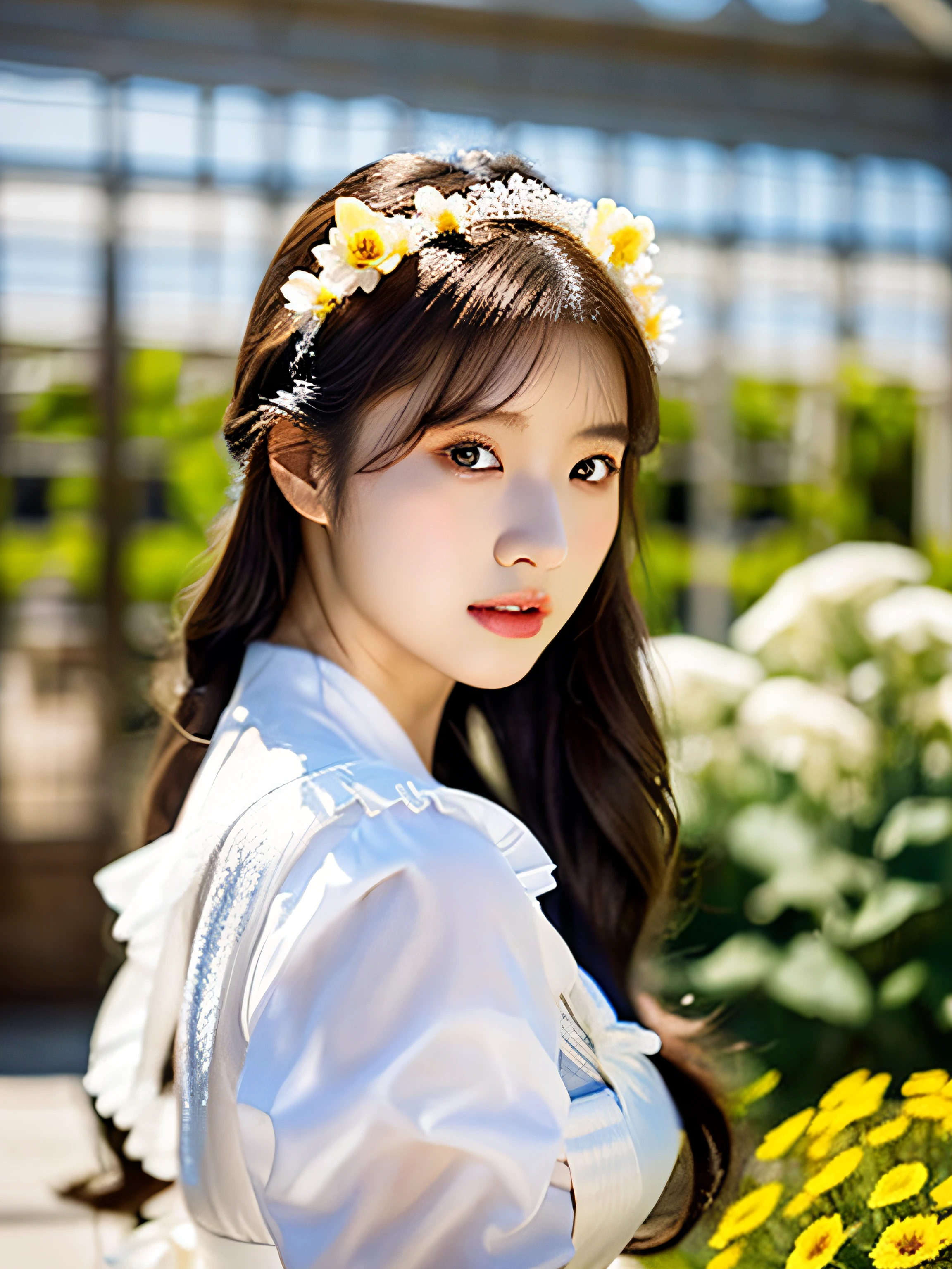 ((Flower style)), (Advancer), (1girl in), (((Solo))), (Realistic:1.5), light Particle, llight rays, Victorian, (Best Illustration), Photorealistic, Octane Render, 8K, Neon light, Flying Cars, Detailed face, Detailed eyes, ((maid)), maid headband, long braid, Very long hair, Blonde hair, Blue eyes, (Sharp eyeliner, eyeshadows, Detailed eyes:1.1), (ulzzang-6500), model poses, (Standing), (Outdoors), Noon time, public area, Indoors, (Greenhouse in the background), Break G36