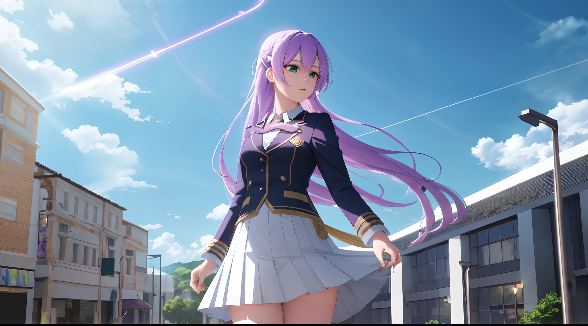 Athena with plain long light purple hair,hair between eyes,green eyes,rosy cheeks,full lips,thin eyebrows,slender body,school coat with very long skirt,cute anime girl,full body,rivers in background,anime style,Lumen Reflections,Screen Space Reflections,Diffraction Grading,Chromatic Aberration,GB Displacement,Scan Lines,Ray Traced,Anti-Aliasing,FXAA,TXAA,RTX,SSAO,Shaders,OpenGL-Shaders, GLSL-Shaders,Post Processing,Post-Production,cell Shading,Tone Mapping,CGI,VFX,SFX,insanely detailed and intricate, 4K,standing, solo, masterpiece, best quality, detailed face, detailed eyes, highres, standing, solo,masterpiece, best quality