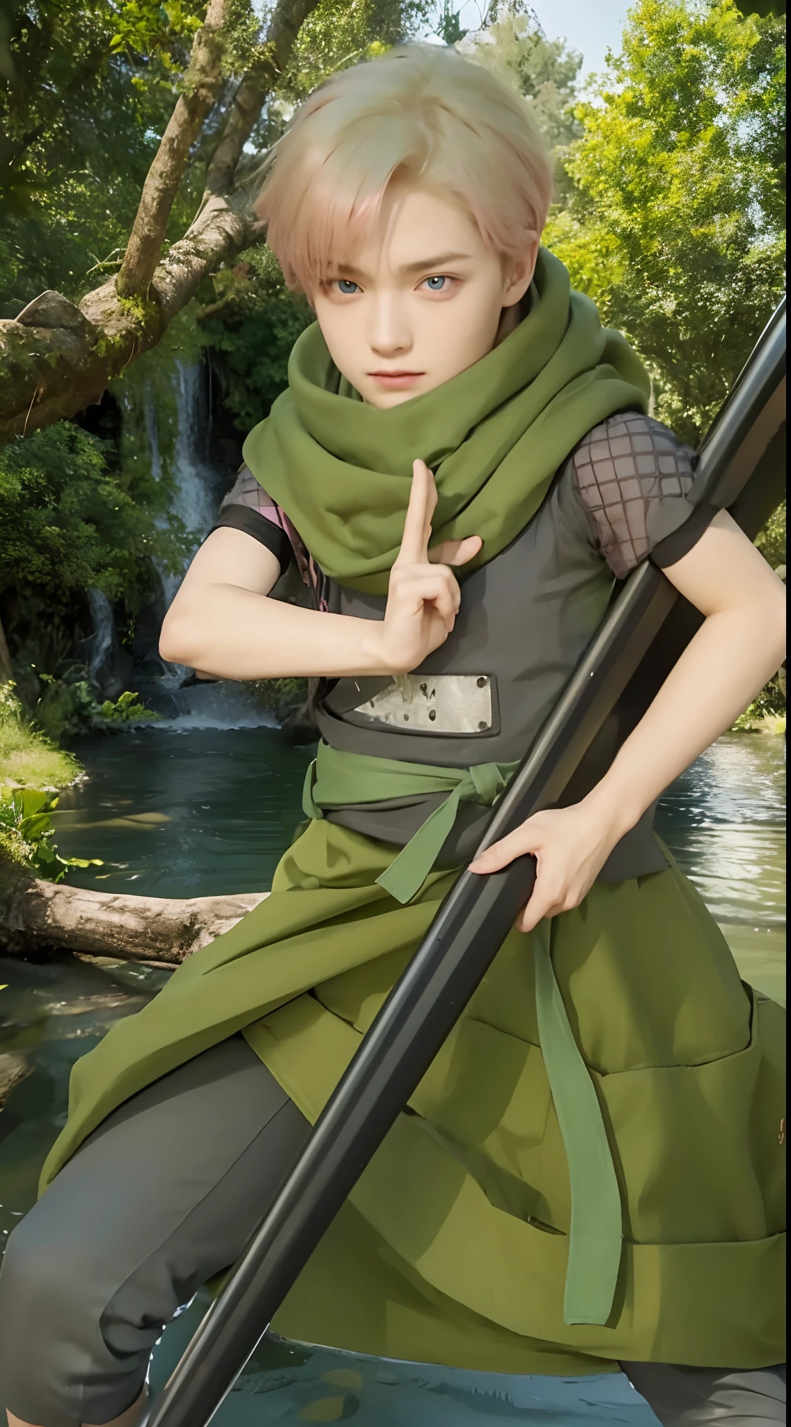 Real life adaption of this character, handsome man face, ((pink pupil eyes)),cool expression,realistic same red hair,(realistic same outfit), realistic river background, hyper realistic, realistic light, realistic shadow, realism,(photorealistic:1.2), looking to viewer
