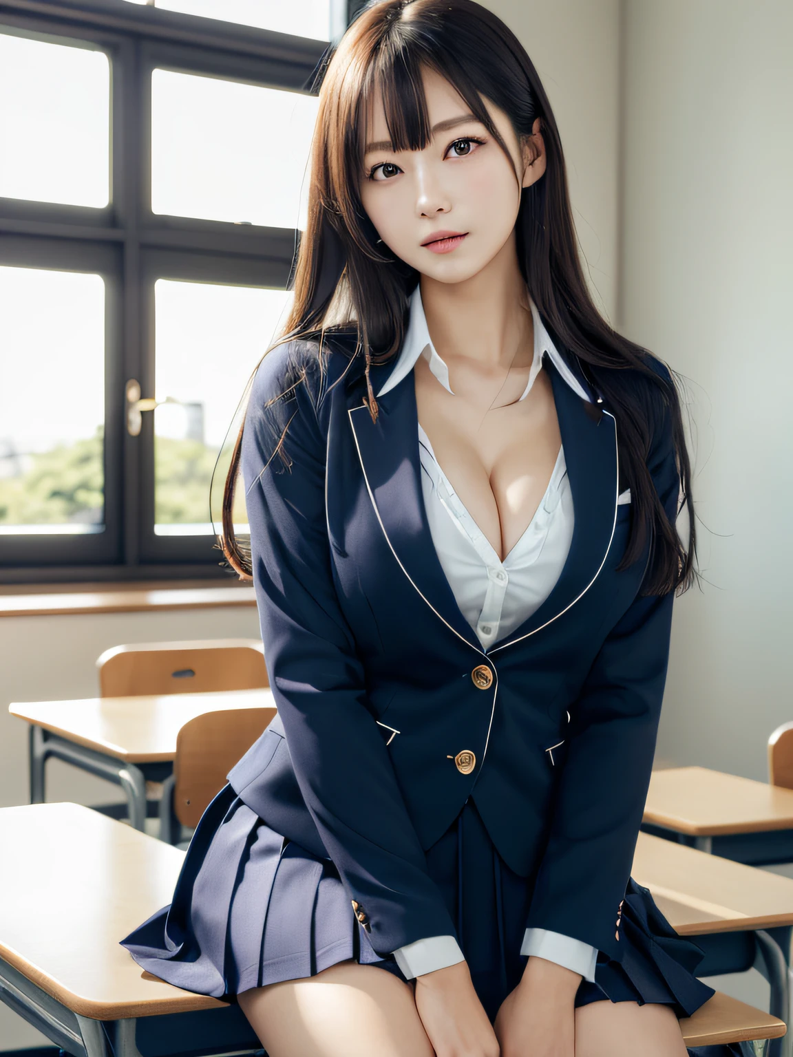 masutepiece, Best Quality, japanaese girl, 8K, Raw photo, top-notch quality, masutepiece, nffsw:1.2, exceptionally detailed RAW color photo, professional-grade photograph, (Realistic, Photorealistic:1.37), (highly detailedskin:1.2), Ultra-high resolution, (lenz 50mm), (masutepiece, top-quality:1.3), (Ultra detailed 8K cg:1.2), (hyper realisitic:1.35), (Photorealistic:1.45), (Realistic:1.4), Cowboy Shot,
1 beautiful Japanese girl, 22 years old, super model, Japanese Idol, __expression__, Large breasts, (sitting on the desk:1.1), (School uniform:1.4), (Spread legs:1.2),
(School classroom background:1.1)、Korean Idol、Nogizaka Idol、hposing Gravure Idol、Adults、女優、cleavage of the breast、wetting hair、enticing、absurderes