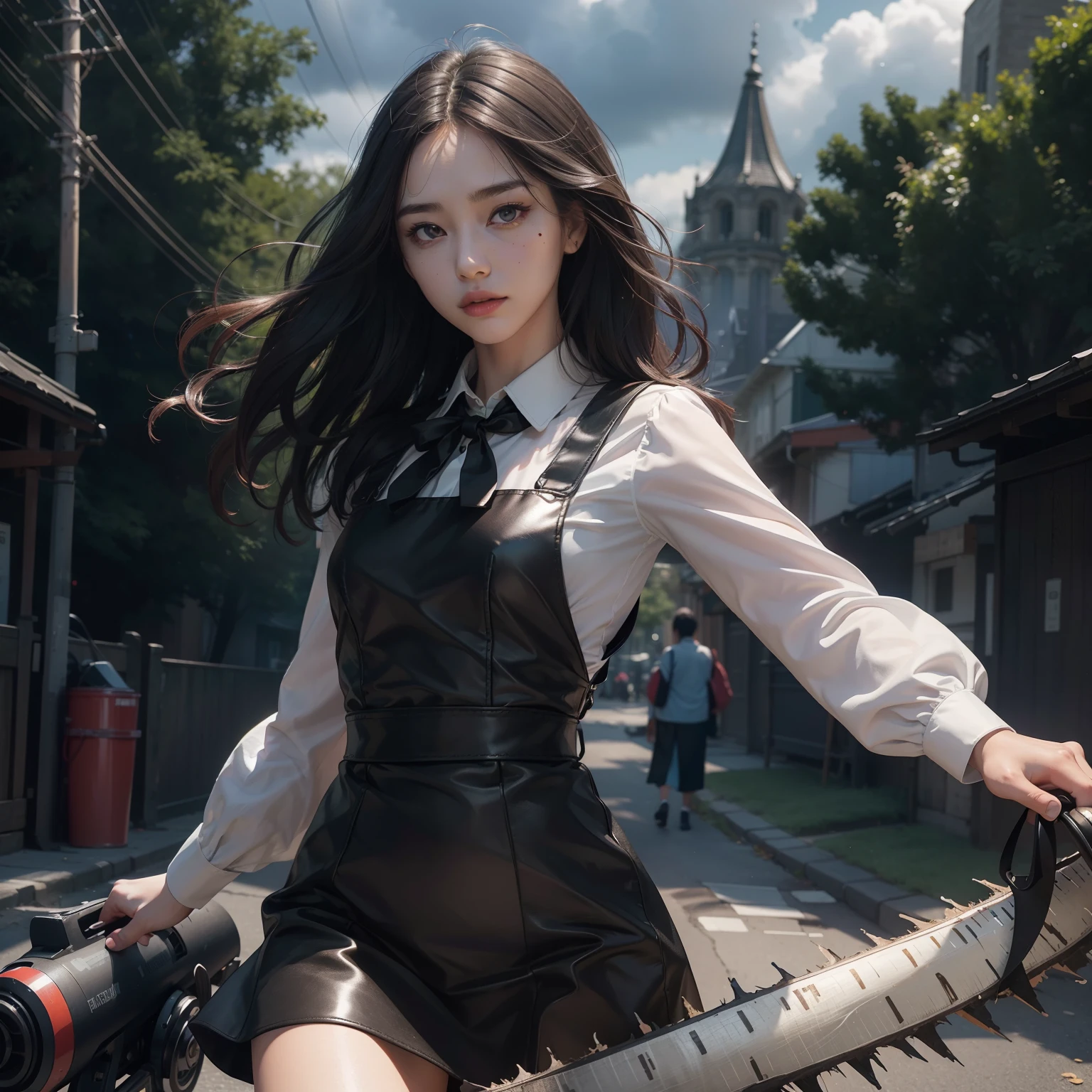 (Hyper-realistic), (Illustration), (High resolution), (8K), (Extremely detailed), (Best Illustration), Yol ( chain saw man ), (Beautiful detailed eyes), (Best Quality), (Ultra-detailed), (masutepiece), (Wallpaper), (Detailed face), Solo, Upper body, Focus on Face, 1 girl, Long Black Hair, Korean, Thin eyeshadow, A detailed eye, Brown eyes, Small moles under the eyes, very slender legs,Long sleeve shirt, Neckbow, Small breasts,Black leather shoes,pinafore dress, Dynamic Pose, low illuminance, Night, Dark, Clouds, a dark night