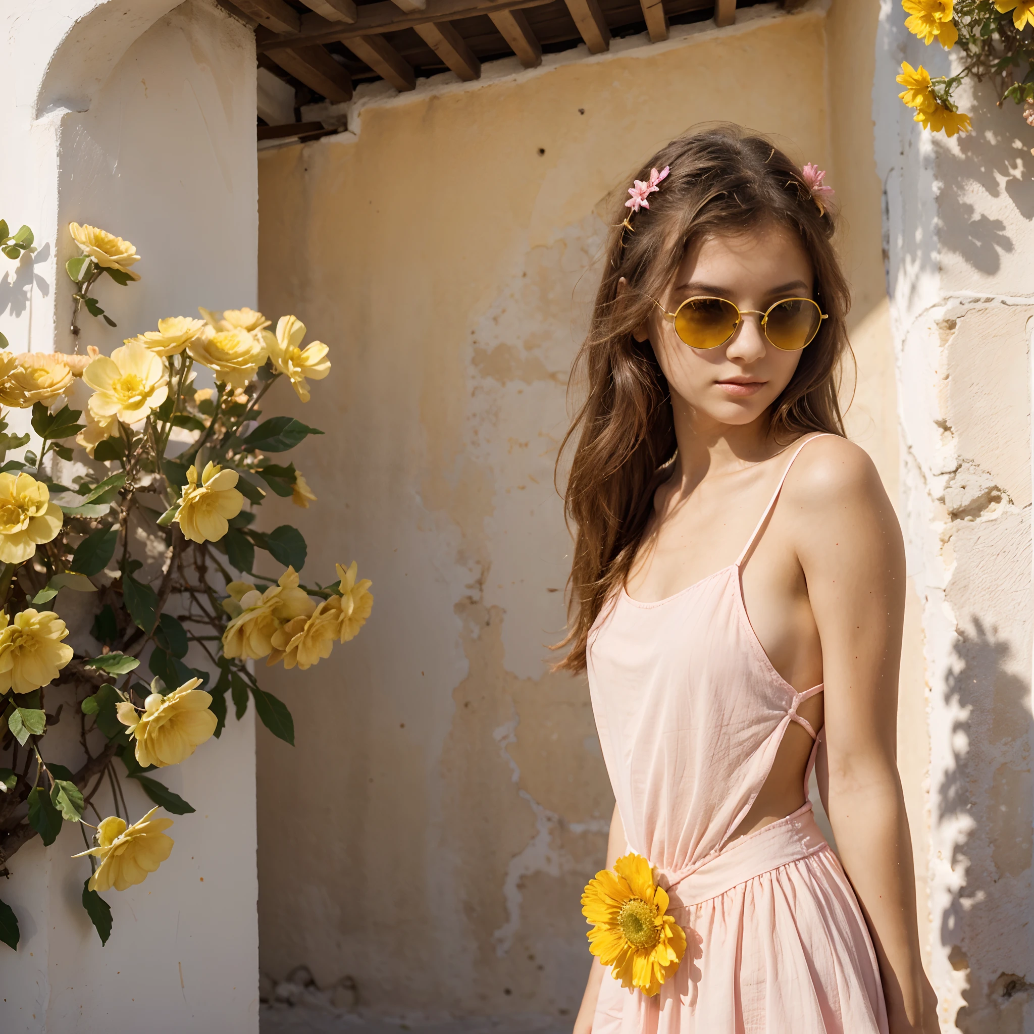 Girl wearing pink dress, background Greece ,yellow flower in the hair ,sunglasses ,symetical face , symmetrical body , facing towards the see beach , sunny ,softlight , enjoying the environment, micro detail, high resolution, hd ,canon latest high resolution camera