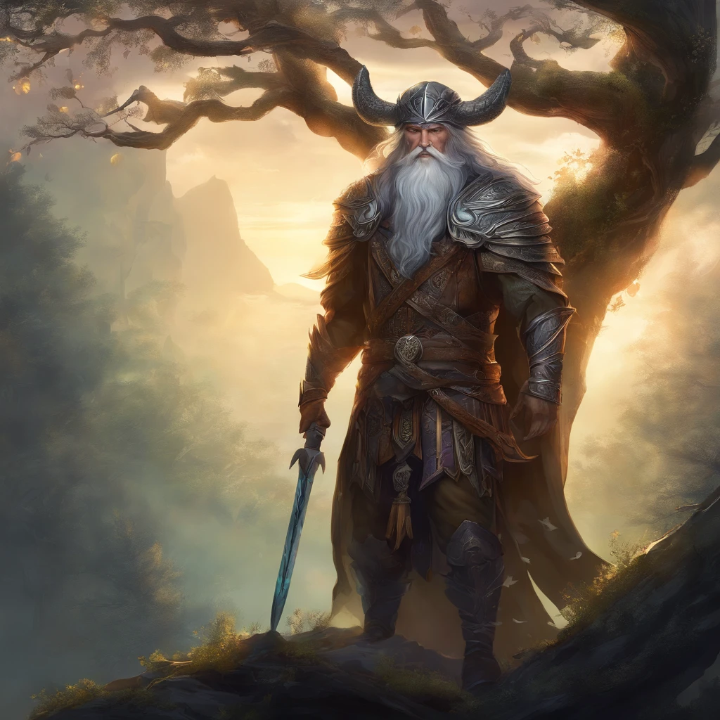 (best quality, highres, realistic:1.37), Odin hanging on a tree, piercing spear, detailed facial expression, intricate branch textures, realistic forest background, ethereal lighting, mystical atmosphere, ancient Norse mythology, divine symbolism, traditional ink painting style, dark and moody color palette, dramatic shadows, somber mood