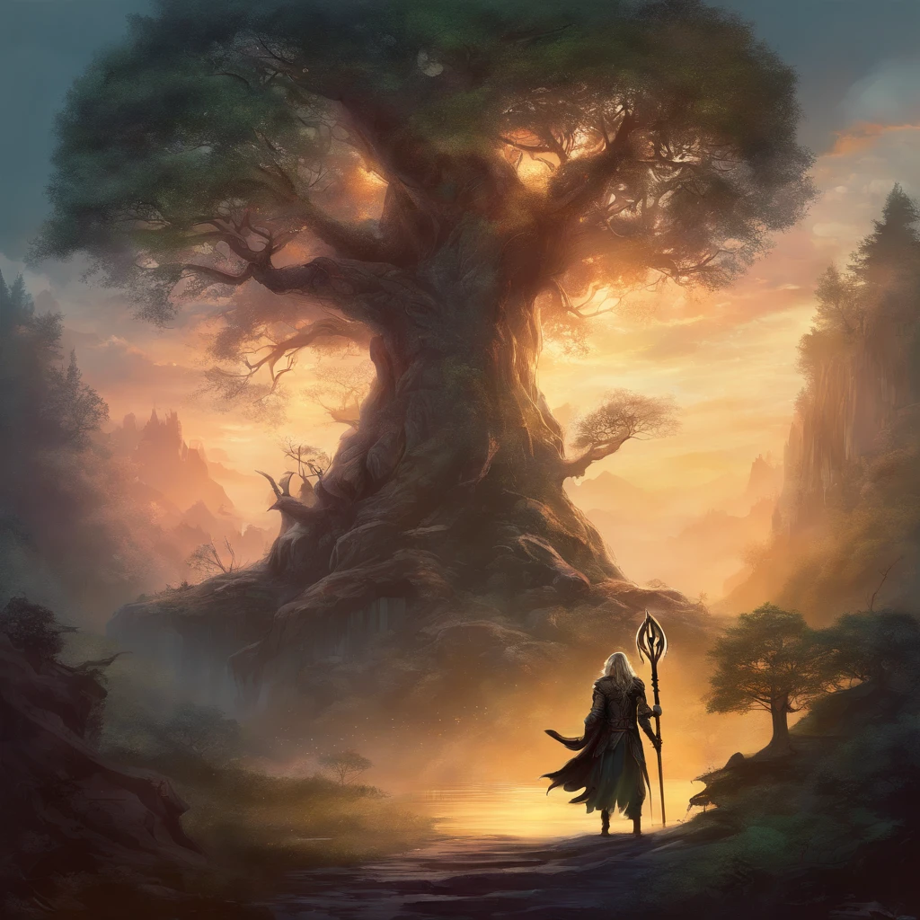 (best quality, highres, realistic:1.37), Odin hanging on a tree, piercing spear, detailed facial expression, intricate branch textures, realistic forest background, ethereal lighting, mystical atmosphere, ancient Norse mythology, divine symbolism, traditional ink painting style, dark and moody color palette, dramatic shadows, somber mood