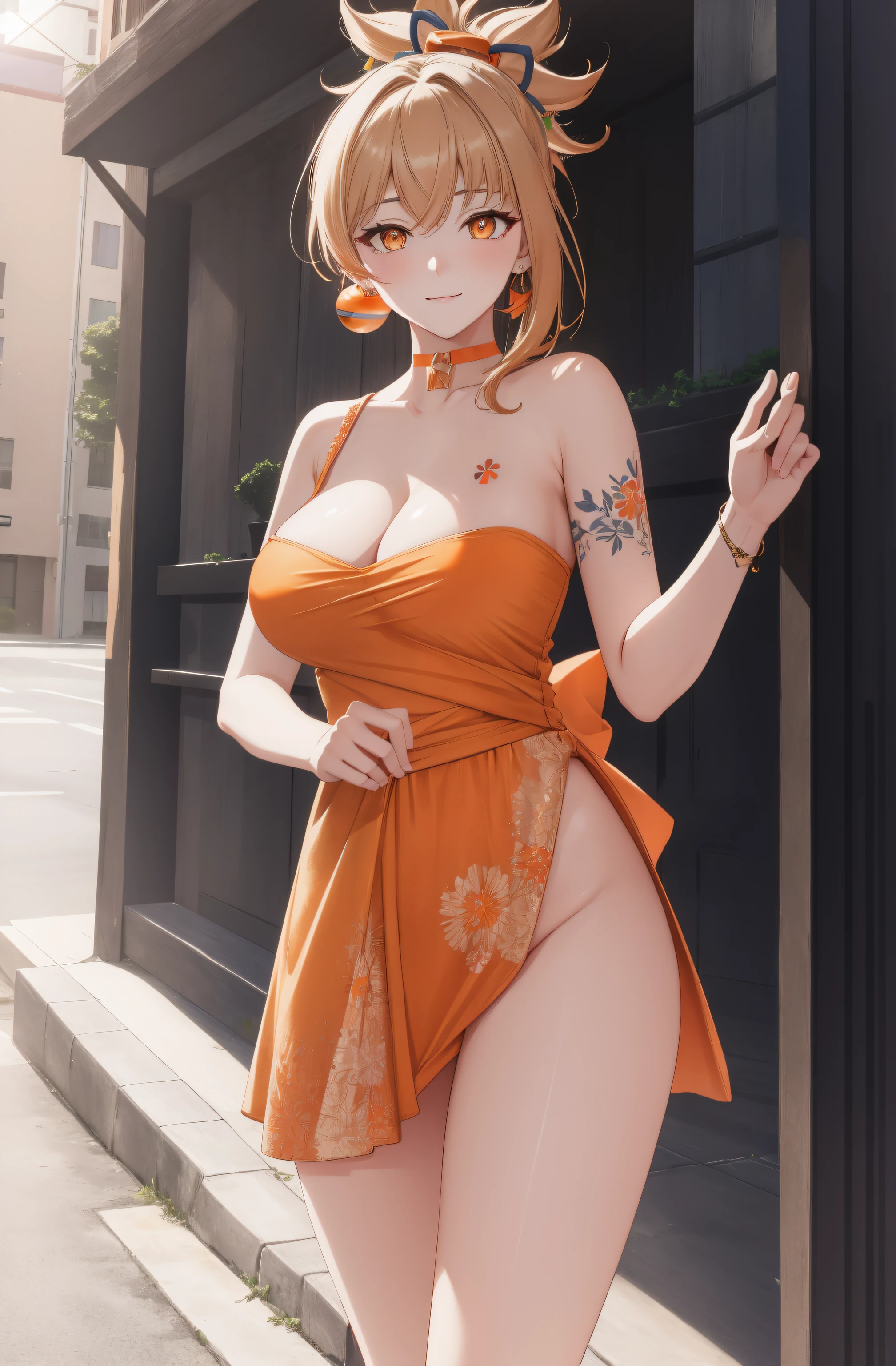 (day:1.7), standing in front of a building in the background,
green dress with a yellow bow tie and earrings,
yoimiya, arm tattoo, choker, hair ornament, light brown hair, long hair, (orange eyes:1.5), red choker, sidelocks,
1 girl, 20yo,young female,Beautiful Finger,Beautiful legs,Beautiful body,Beautiful Nose,Beautiful character design, perfect eyes, perfect face,
looking at viewer, (innocent_big_eyes:1.0),(expressionless:1.3),seductive pose.teasing smile,
NSFW,official art,extremely detailed CG unity 8k wallpaper, perfect lighting,Colorful, Bright_Front_face_Lighting,
(masterpiece:1.0),(best_quality:1.0), ultra high res,4K,ultra-detailed,
photography, 8K, HDR, highres, absurdres:1.2, Kodak portra 400, film grain, blurry background, bokeh:1.2, lens flare, (vibrant_color:1.2)
(Beautiful,medium_Breasts:1.4), (beautiful_face:1.5),(narrow_waist),(perfect anatomy,perfect fingers),