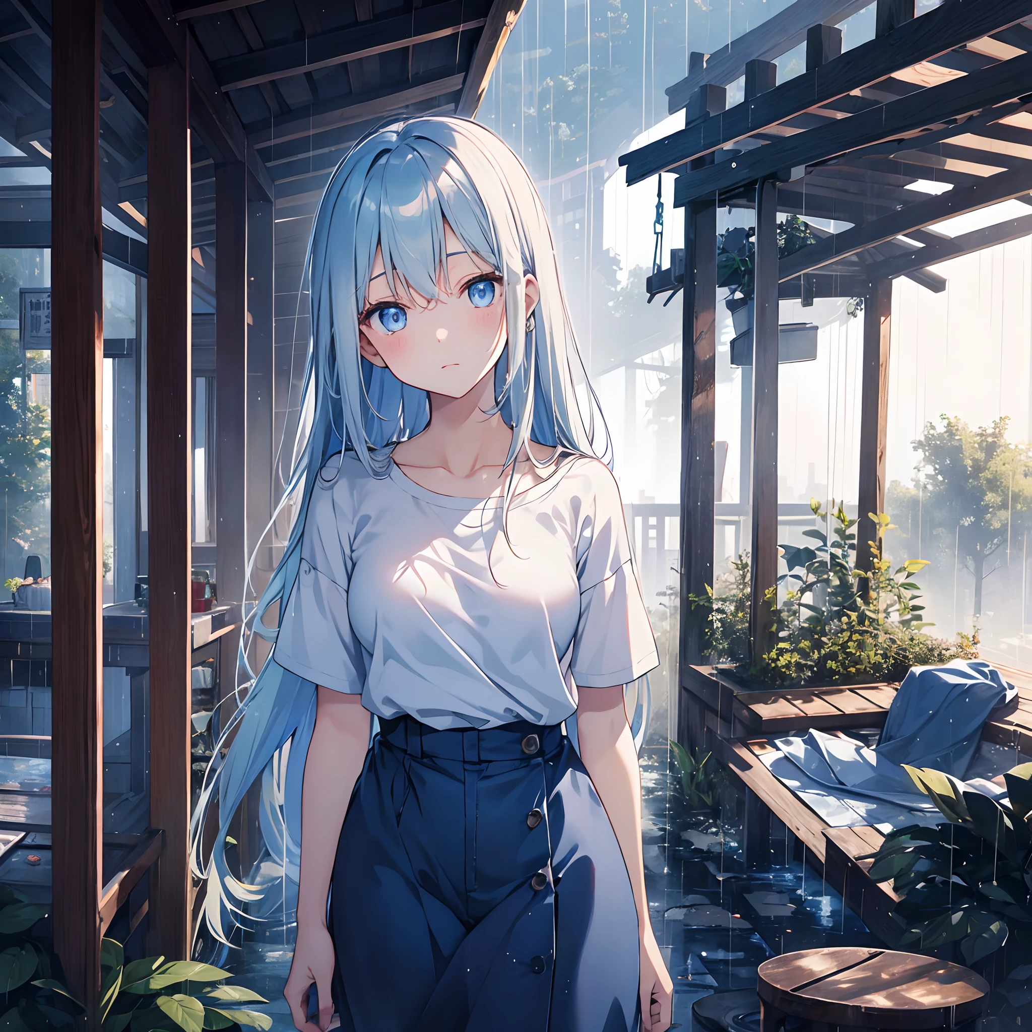 Woman evacuating in the rain、Light blue long hair、24 year old、blue eyess、(One Woman:1.2)、Sateen、murky、early evening、Wagas、Wooden shed、I can see outside、top-quality、white t-shirts、bra very