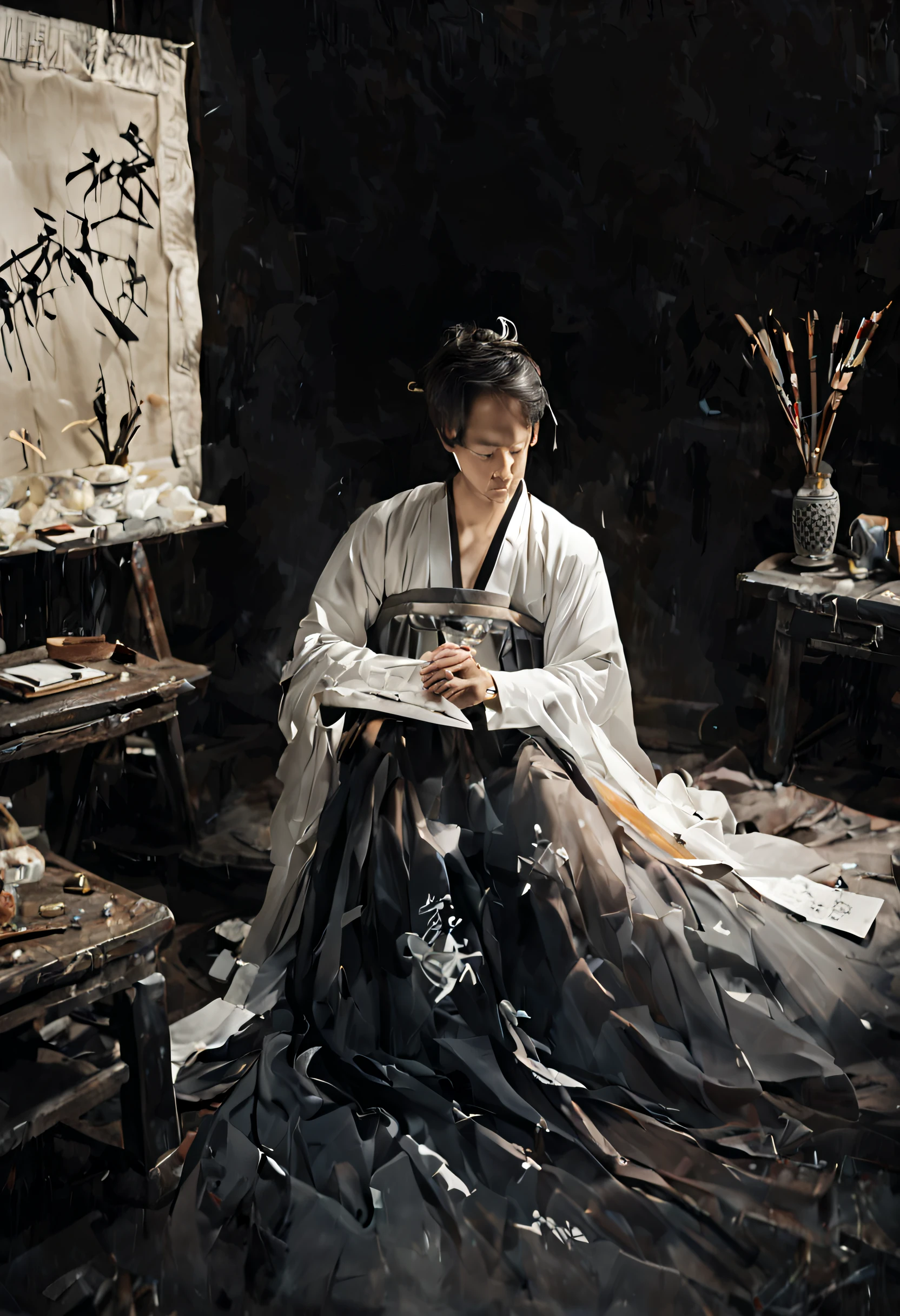 A Chinese adult male sitting cross-legged in a black room, dressed in traditional white Chinese attire.
A ray of light streaming in from a skylight.
Numerous sheets of paper scattered around the male, covered in writing.
A writing desk in the room with calligraphy brushes.4K,1080P,Masterpiece.