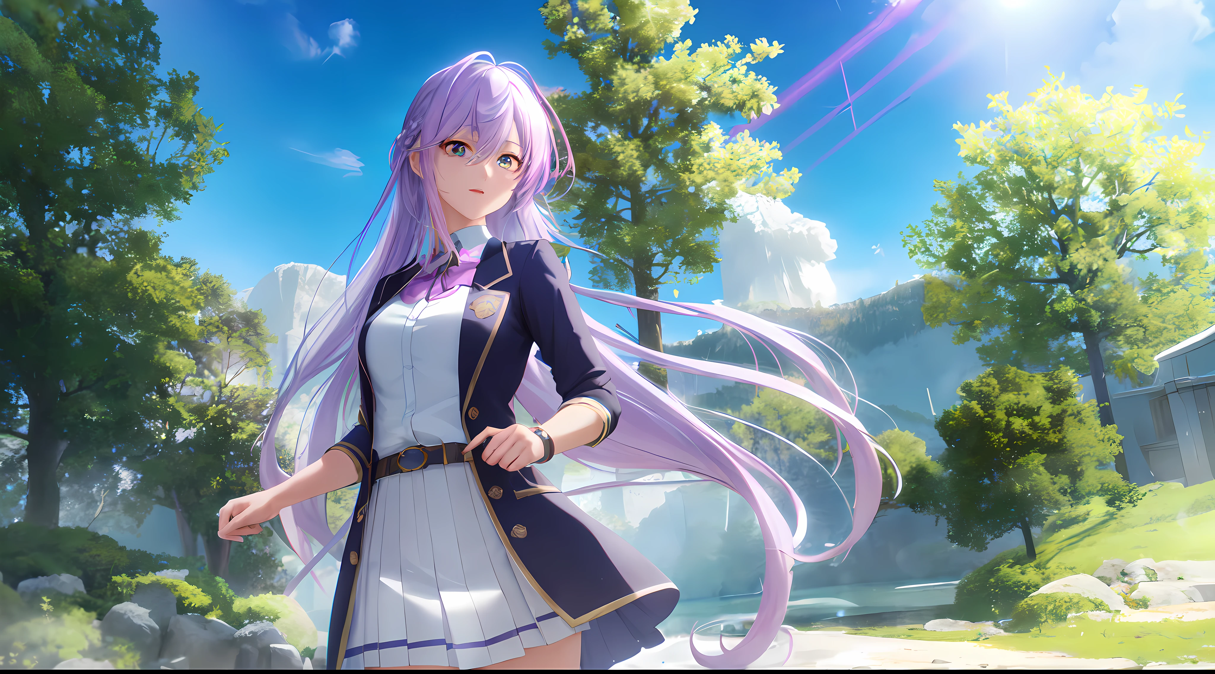 Athena with plain long light purple hair,hair between eyes,green eyes,rosy cheeks,full lips,thin eyebrows,slender body,school coat with very long skirt,cute anime girl,full body,rivers in background,anime style,Lumen Reflections,Screen Space Reflections,Diffraction Grading,Chromatic Aberration,GB Displacement,Scan Lines,Ray Traced,Anti-Aliasing,FXAA,TXAA,RTX,SSAO,Shaders,OpenGL-Shaders, GLSL-Shaders,Post Processing,Post-Production,cell Shading,Tone Mapping,CGI,VFX,SFX,insanely detailed and intricate, 4K,standing, solo, masterpiece, best quality, detailed face, detailed eyes, highres, standing, solo,masterpiece, best quality