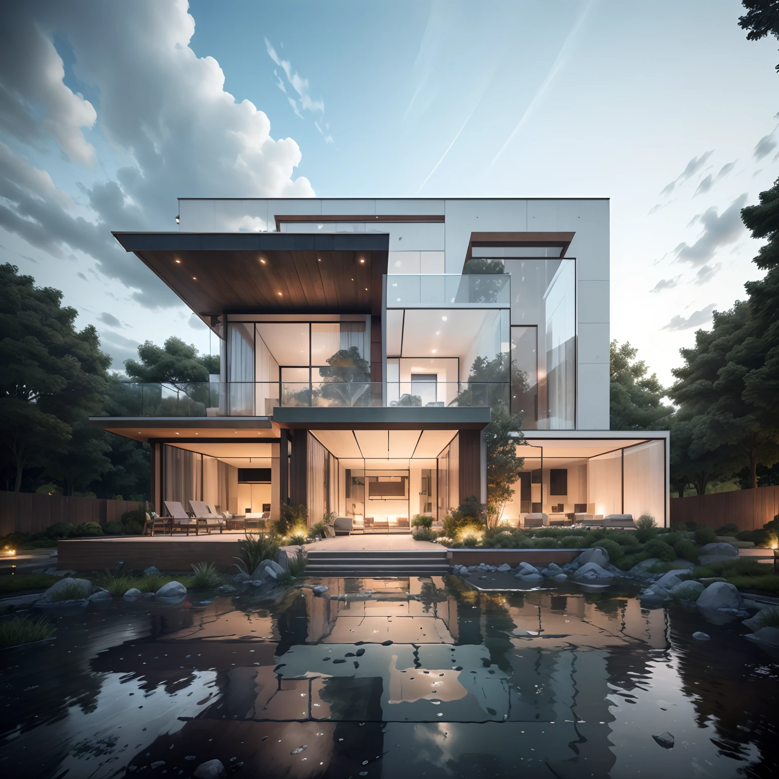 Bauhaus style house, glass house with a sloping roof, modern, dynamic (RAW photo, real, best quality, masterpiece:1.2), (hyper realistic, photo-realistic:1.2), high quality, (dark lighting:1.2), perfect lighting, archdaily