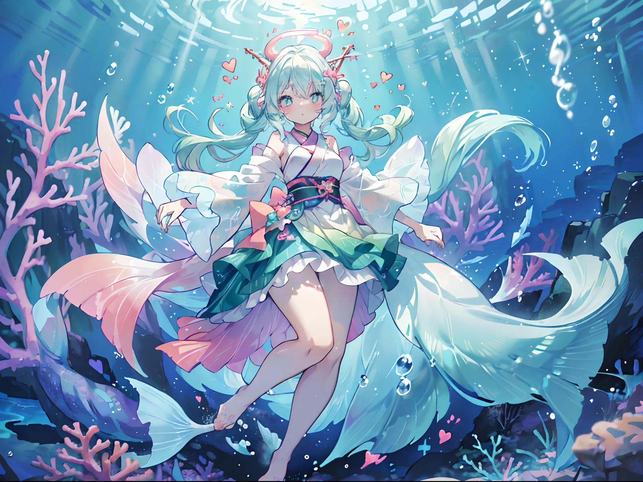 (masterpiece, best quality, sharp focus:1.25), (underwater, submerged:1.3), 1girl, (multicolored hair, gradient hair, two-tone hair, white hair, light green hair, light blue hair:1.3), (light blue-light green sparkling eyes:1.23), (coral-seastar crown:1.2), (slanted eyes, green eyeshadow, long eyelashes, white eyelashes, lips:1.1), (pastel green mermaid scales, mermaid fin:1.2), (((posing for viewer, full body shot))), (scenery, pastel coral, coral reefs, bubbles, seaweed, fish, glitter, hearts:1.2) add_detail:0.5, add_detail:1, add_detail:1, add_detail:0, add_detail:2, InkAnime, RETRO ART STYLE, NEON_POP ART STYLE, ART STYLE, kahuka1, COLORFULMIX, MULTICOLORED HAIR, WAVY HAIR, (Korean webtoon girl, big eyes, ombre lipstick, cute face, oval face), mksks, ((Kawaii, cute, pretty, anime, pastel)), kawaiitech, pastel colors, kawaii, cute colors