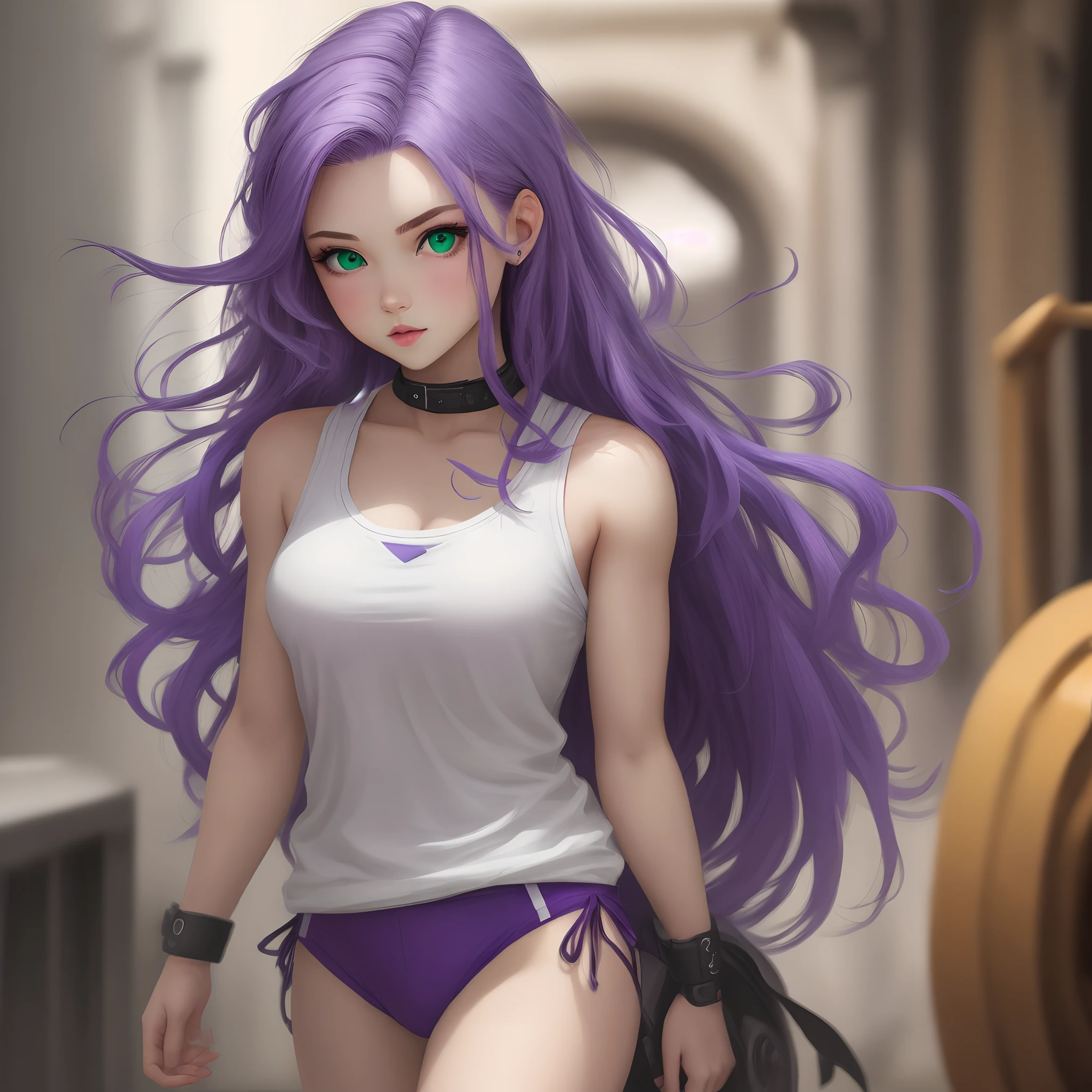 Strong girl with purple hair and green eyes