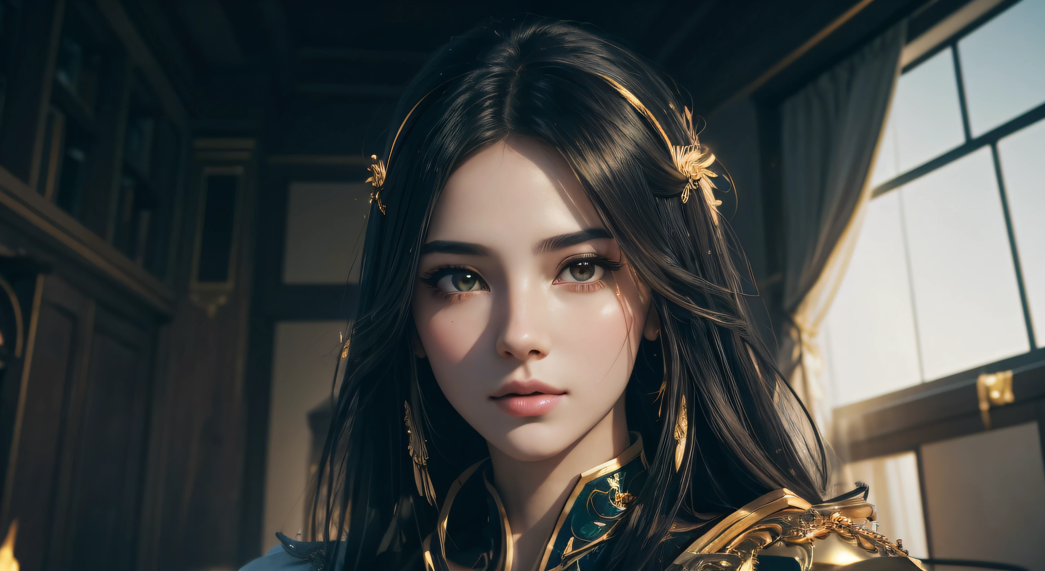 gold halo, vibrant colors, detailed facial features, glowing aura, ethereal atmosphere, beautiful girl, long flowing hair, serene expression, soft lighting, heavenly background, angelic presence, divine radiance, majestic presence, ethereal beauty, heavenly light, delicate details, celestial glow, radiant serenity, captivating gaze, mystical charm, enchanting portrait