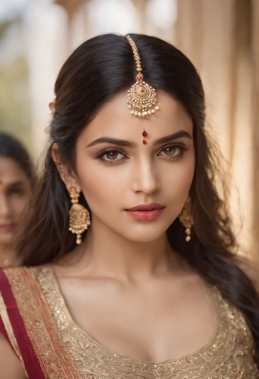 (photorealistic:1.37),indian women,sexy ,detailed eyes,detailed lips,long black hair,golden jewelry,flowing fabrics,navel,sexy top wear,vibrant colors,ornate headpiece,ornamental hilt,confident expression,graceful pose,beautiful backdrop,warrior princess