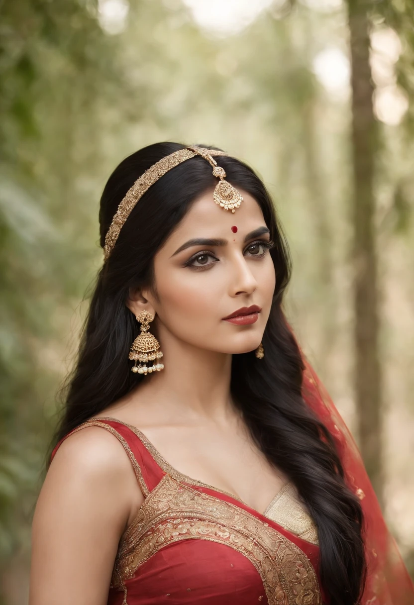 (photorealistic:1.37),indian women,sexy ,detailed eyes,detailed lips,long black hair,golden jewelry,flowing fabrics,navel,sexy top wear,vibrant colors,ornate headpiece,ornamental hilt,confident expression,graceful pose,beautiful backdrop,warrior princess