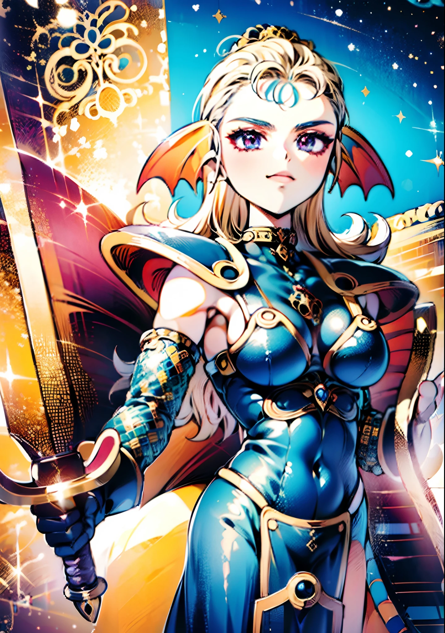 8K,High quality,Anime,married,Beautiful woman,Bright,Eye Highlights,Purple eyes,Sexy,ultra gigantic tits,oversized tits,Dark blue ,Erotic,beautiful line art. Blue skin, Blue and orange gradient fins, Black Bikini Armor, holding swords, Holding Shield, Bejeweled ornaments and bikini armor, Highly revealing outfits, Dark Facial Makeup, Golden Sword, Wooden shield,