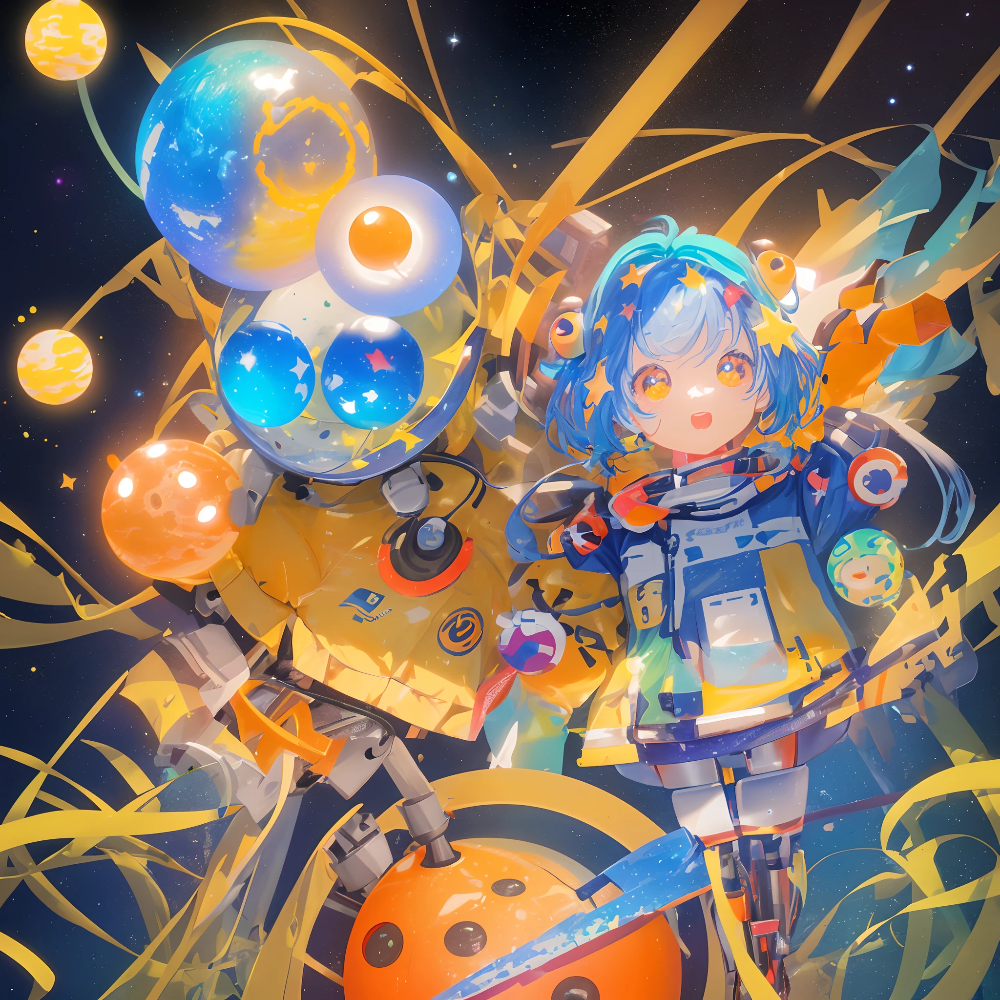 (masterpiece), ((perfect anatomy)), (high Res), (4k), joy, blue eyes, blue hair, yellow skin, huge breast, wide hips, (((yellow astronaut suit))), happy, (((cartoony artstyle))), (((solo))), narrow waist, (out space)