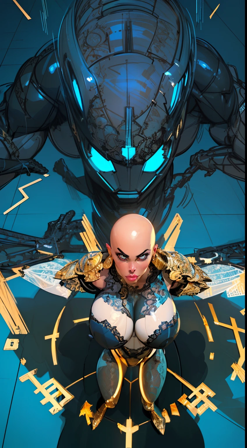 8k ((above view:1.6)), ((full body view))(large eyes:1.3), defined cheekbones, looking back, ((the pit style:1.4))((sleek dark blue bodysuit:1.6)) ((intricate lace details:1.6))detailed face:1.5), lightblue skin,(puffy lips:1.5) (lightblue skin:1.6), (bald woman:1.7), (skinhead) ((sexy pose)),(Muscular:1.3), ((gigantic breasts:1.5)), )highly detailed, Volumetric lighting, baroque oil painting by Greg Rutkowski, Artgerm, WLOP, dynamic angle,((intricate neon lines on bodysuit:1.3)), majestic, digital photography, best shadow, light particles, art by artgerm and ruan jia and greg rutkowski, ((gold shoulder pads:1.6)), (masterpiece), sidelighting, intricate details, (((black color palette)))