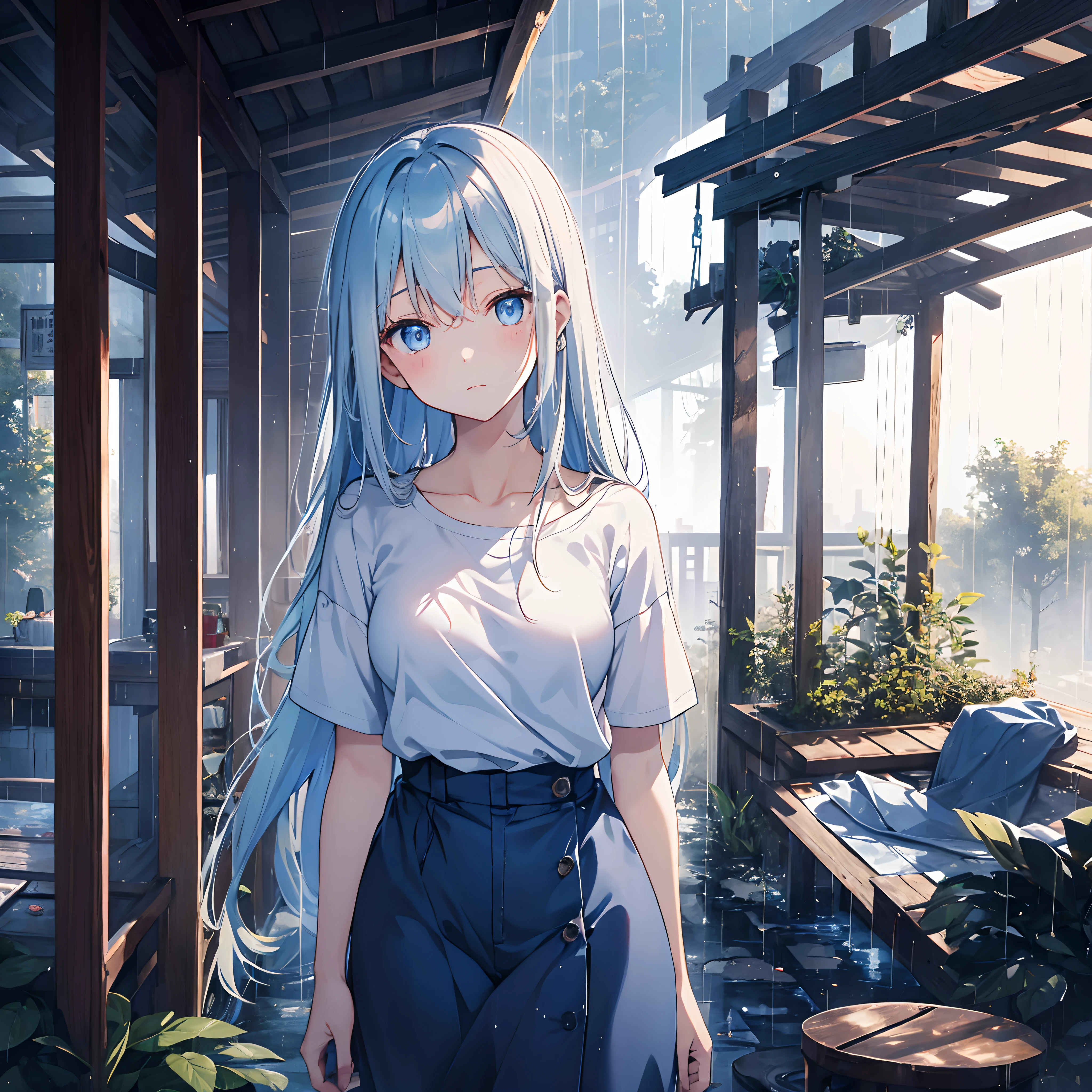 Woman evacuating in the rain、Light blue long hair、24 year old、blue eyess、(One Woman:1.2)、Sateen、murky、early evening、Wagas、Wooden shed、I can see outside、top-quality、white t-shirts、bra very