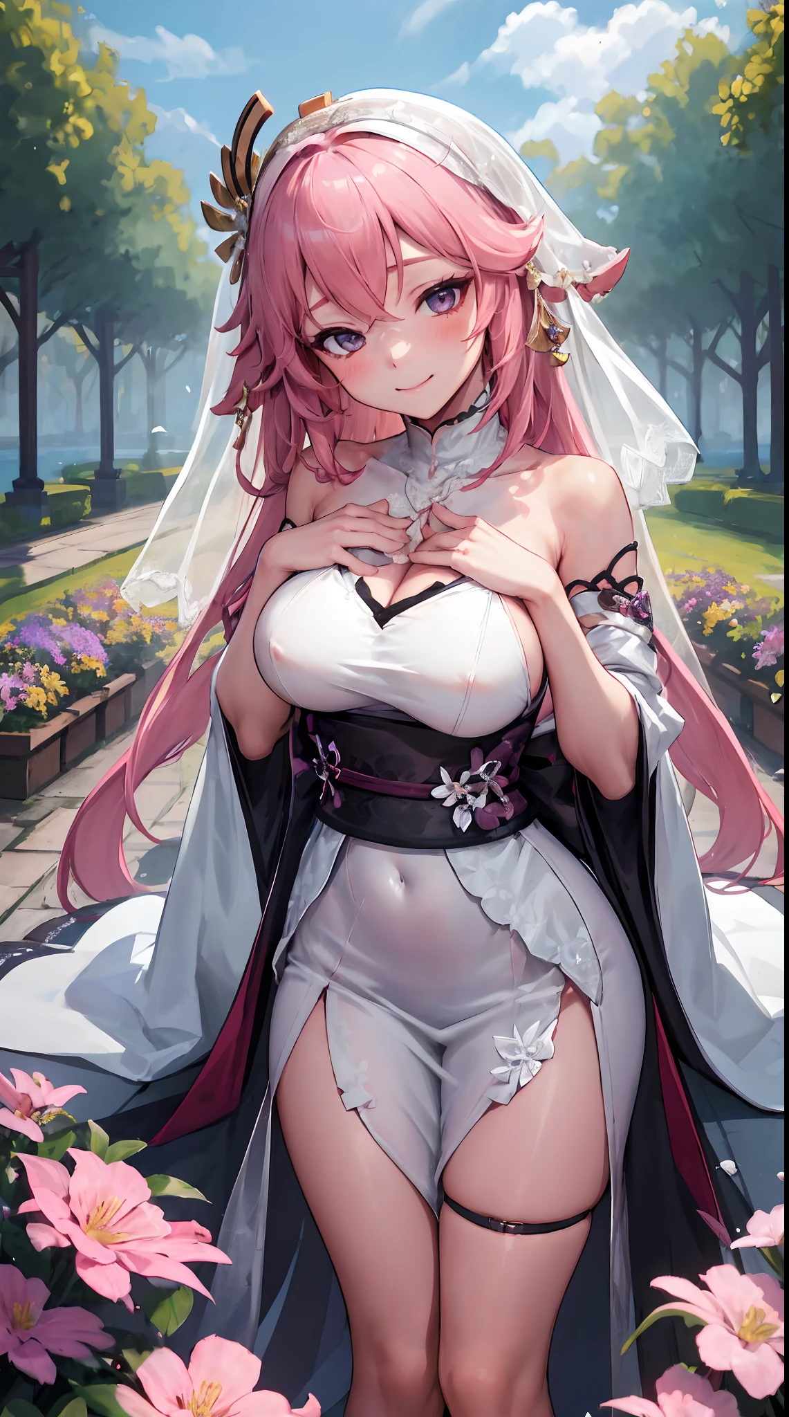 Yae Miko| genshin impact, master-piece, bestquality, 1girls,25 years old, proportional body, proportional., Wedding Dresses, White Wedding Dress, Long skirt, wedding, ,bara, Standing in the middle of a flower garden, outdoor, wedding, The sky is beautiful, In a paradise of love and happiness..............................................., The bride wears a Japanese dress and a seductive smile..............................................., The passage of time stops at theirs..............................................., On this wedding day of love and happiness..............................................., Bright and beautiful flowers, Holding it in her hands symbolizes the envelopment of love..............................................., Love and friendship through the transmission of flowers, In a paradise of love and happiness..............................................., A bride in a yukata wearing a masika..............................................., It is a form of beauty and elegance..............................................., Show your spouse your heart.............................................., In a paradise of love and happiness..............................................., Kochikugisa is the tree of new beginnings..............................................., And their love and affection............................................, And suck a lot of love..............................................., Flowers represent love and peace..............................................., In a paradise of love and happiness..............................................., View viewers from the front., Thigh strap, Head tilt, bored, 10, 10, HD, slight smile,