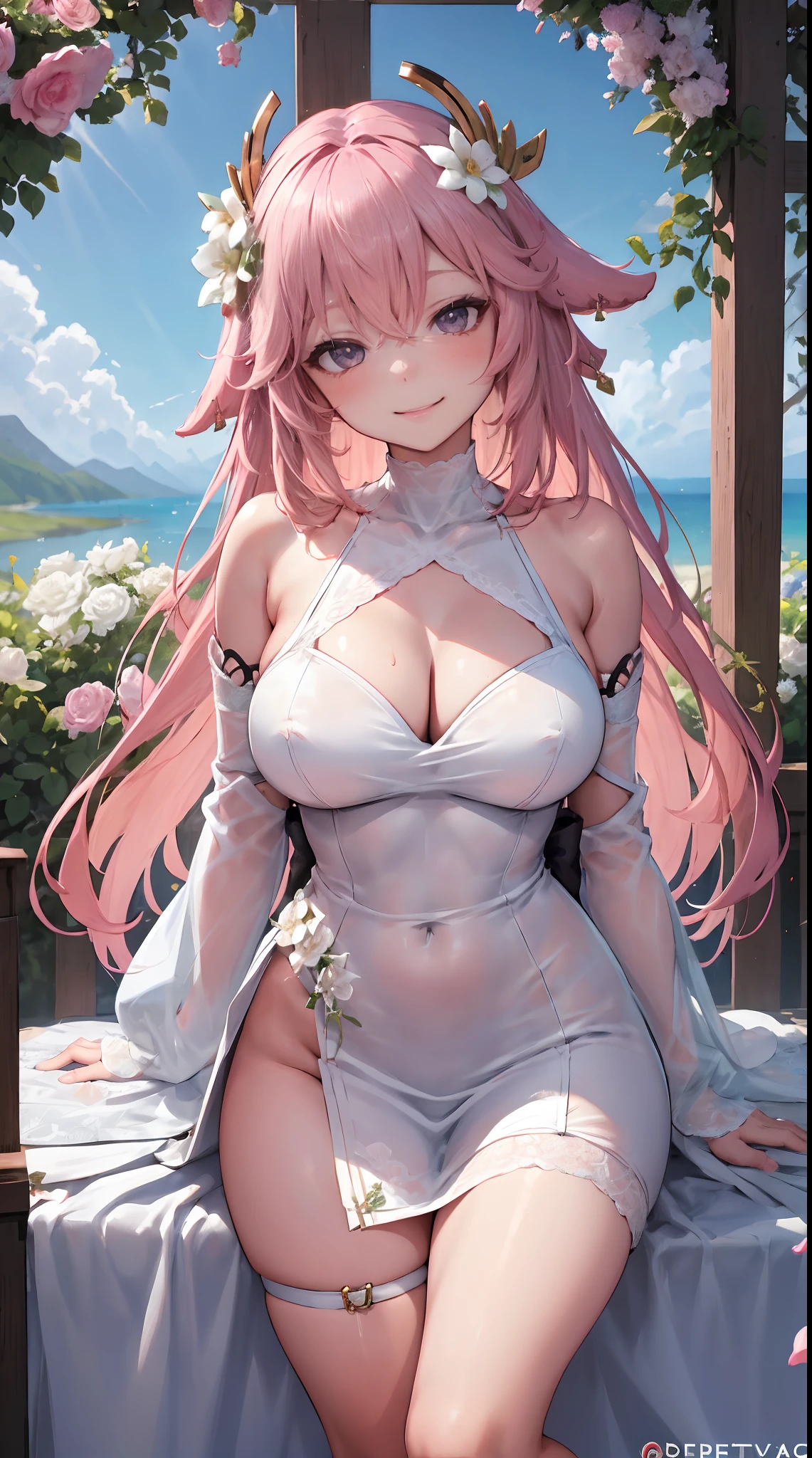 Yae Miko| genshin impact, master-piece, bestquality, 1girls,25 years old, proportional body, proportional., Wedding Dresses, White Wedding Dress, Long skirt, wedding, ,bara, Standing in the middle of a flower garden, outdoor, wedding, The sky is beautiful, In a paradise of love and happiness..............................................., The bride wears a Japanese dress and a seductive smile..............................................., The passage of time stops at theirs..............................................., On this wedding day of love and happiness..............................................., Bright and beautiful flowers, Holding it in her hands symbolizes the envelopment of love..............................................., Love and friendship through the transmission of flowers, In a paradise of love and happiness..............................................., A bride in a yukata wearing a masika..............................................., It is a form of beauty and elegance..............................................., Show your spouse your heart.............................................., In a paradise of love and happiness..............................................., Kochikugisa is the tree of new beginnings..............................................., And their love and affection............................................, And suck a lot of love..............................................., Flowers represent love and peace..............................................., In a paradise of love and happiness..............................................., View viewers from the front., Thigh strap, Head tilt, bored, 10, 10, HD, slight smile,