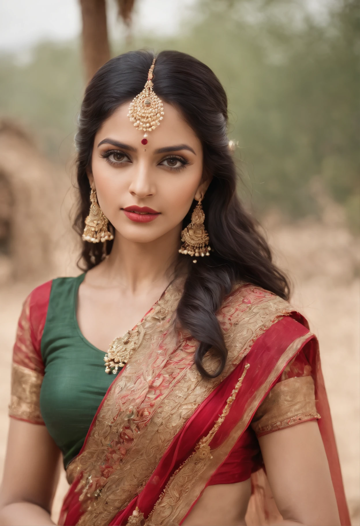 (photorealistic:1.37),indian women,sexy ,detailed eyes,detailed lips,long black hair,golden jewelry,flowing fabrics,navel,sexy top wear,vibrant colors,ornate headpiece,ornamental hilt,confident expression,graceful pose,beautiful backdrop,warrior princess