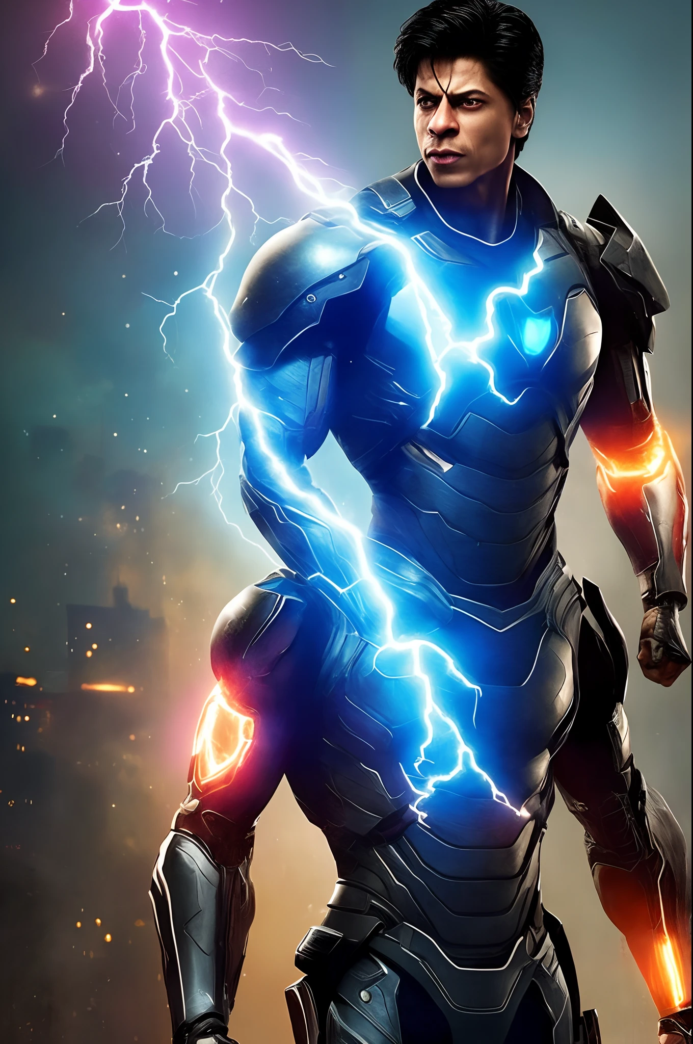a super high-detailed and realistic image of a Shahrukh khan superheroe cyberpunk-style hero in a silver-black superhero, inspired body armor with a glowing lightning charge: "Generate an extraordinary and highly detailed image of a cyberpunk-style knight donning a state-of-the-art silver-black body armor that draws inspiration from marvel superheroes, yet takes it to a new level of high-tech brilliance. This knightly body armor emits a mesmerizing glow, with lightning charges coursing through its surface, showcasing its incredible technological sophistication. The knight's powerful physique is accentuated by the hi-tech armor, and his body suit incorporates an array of advanced tools and gadgets, all seamlessly integrated. In this stunning image, the Black man is adorned in the full glory of his Hi-Tech lightning charge magical armor, a perfect blend of technology and mystic power.