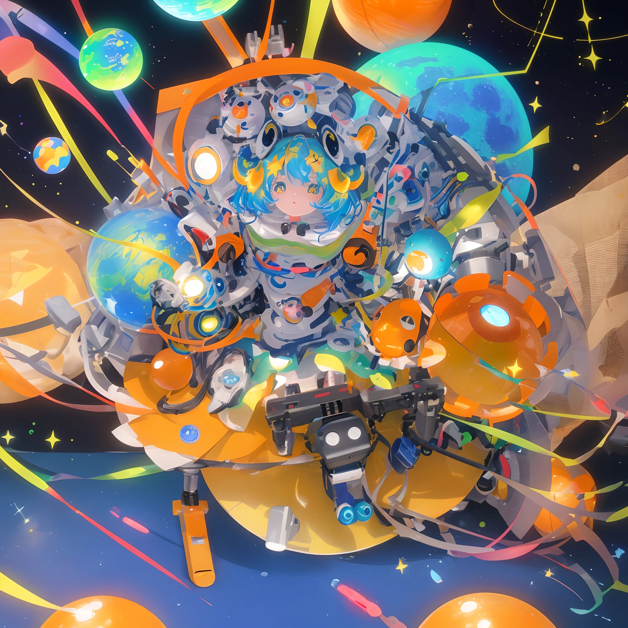 3d computer rendered image of 3DCG, digital illustration of a cute robot with a round head and body, colorful galaxy patterns on the robot's head and body, big eyes and a small mouth, the robot has two arms and two legs with yellow and orange accents , gradient background with colorful stars and planets, colorful floating orbs and rings