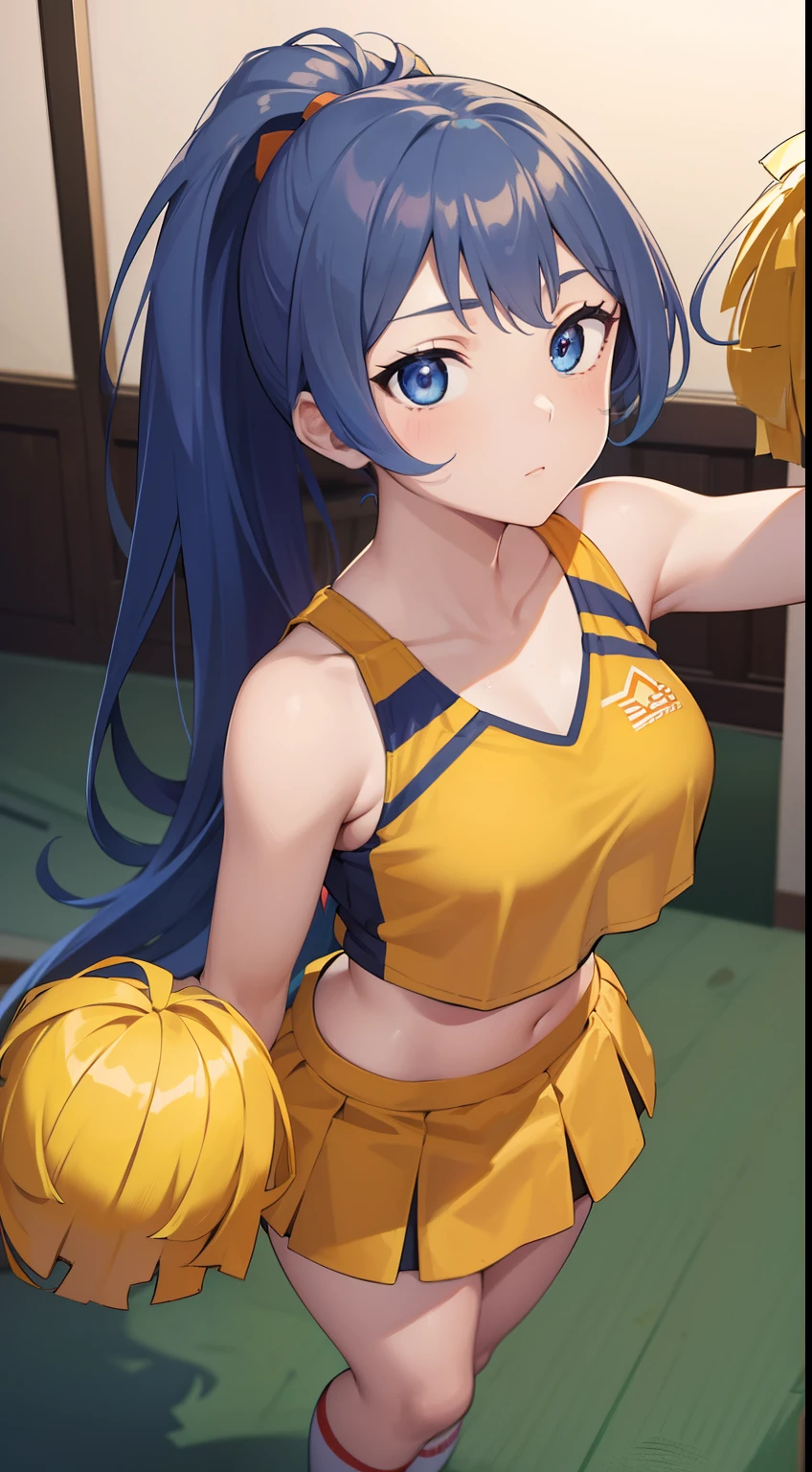 Highres, Masterpiece, Best quality at best,Best Quality,hight quality, hight detailed, 1girl, girl,  nejire hadou, blue eyes, blue hair, long hair,
BREAK cheerleader, crop top, midriff, sweat, navel, orange skirt, pink footwear,  (cheerleading), ponytail, skirt, (u.a. cheerleader uniform:1.5),
BREAK looking at viewer, upper body, close-up body, 
BREAK indoors, classroom,
BREAK (masterpiece:1.2), best quality, high resolution, unity 8k wallpaper, (illustration:0.8), (beautiful detailed eyes:1.6), extremely detailed face, perfect lighting, extremely detailed CG, (perfect hands, perfect anatomy),