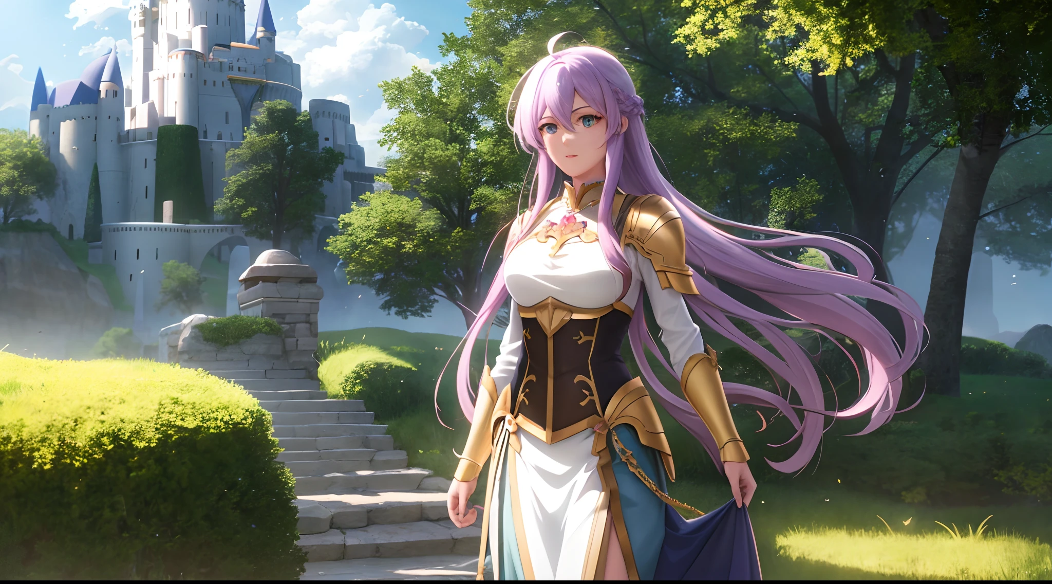 Athena with plain long light purple hair,hair between eyes,green eyes,rosy cheeks,full lips,thin eyebrows,slender body,golden armor with very long golden skirt,cute anime girl,full body,castle in background,anime style,Lumen Reflections,Screen Space Reflections,Diffraction Grading,Chromatic Aberration,GB Displacement,Scan Lines,Ray Traced,Anti-Aliasing,FXAA,TXAA,RTX,SSAO,Shaders,OpenGL-Shaders, GLSL-Shaders,Post Processing,Post-Production,cell Shading,Tone Mapping,CGI,VFX,SFX,insanely detailed and intricate, 4K,standing, solo, masterpiece, best quality, detailed face, detailed eyes, highres, standing, solo,masterpiece, best quality