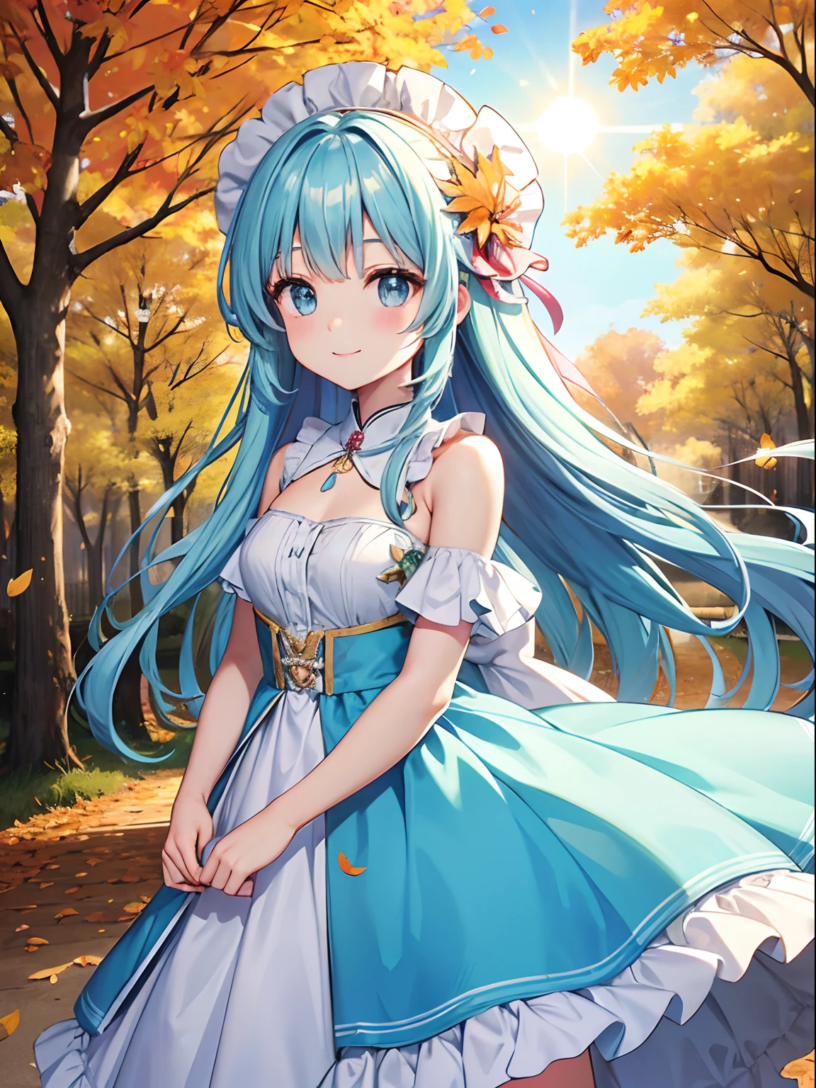 Park of autumn leaves The sun goes down a beauty girl Light blue long hair A charming smile Cute costumes Facing the front
