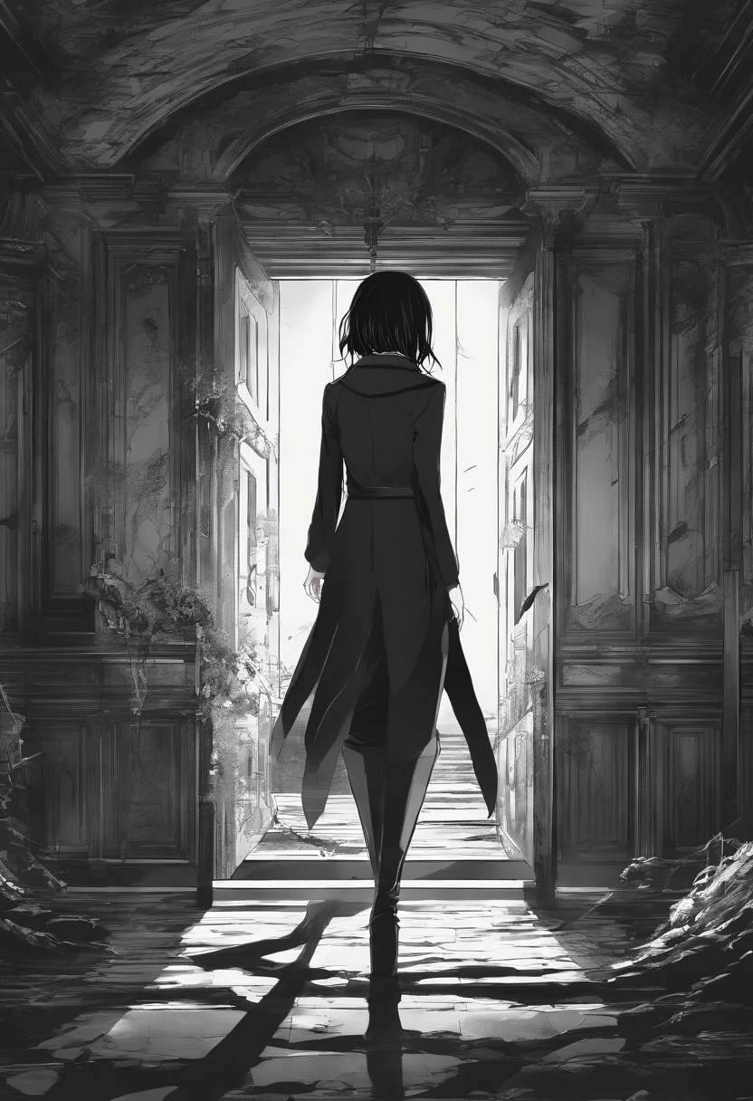 Mikasa Ackerman, with long black hair, Dressed in an elegant black suit, Walk around an abandoned house at sword point, super detailed image, Manga style, Full-HD