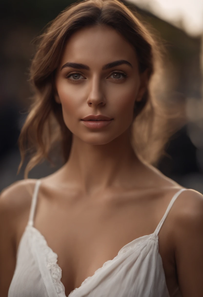 ((Best quality, 8k, Masterpiece: 1.3)), Sharp focus: 1.2, A beautiful (European) woman with perfect body: 1.4, goddess: 1.2, ((Layered haircut, Large breasts: 1.2)), (no bra) (Small and beautiful hard nipple) (Thin and damp button up to shirt length: 1.1), Highly detailed face and skin texture, Detailed eyes, Double eyelid, tanned skin, sexy, tan, perfect skin, exposed shoulders, cleavage, on the street