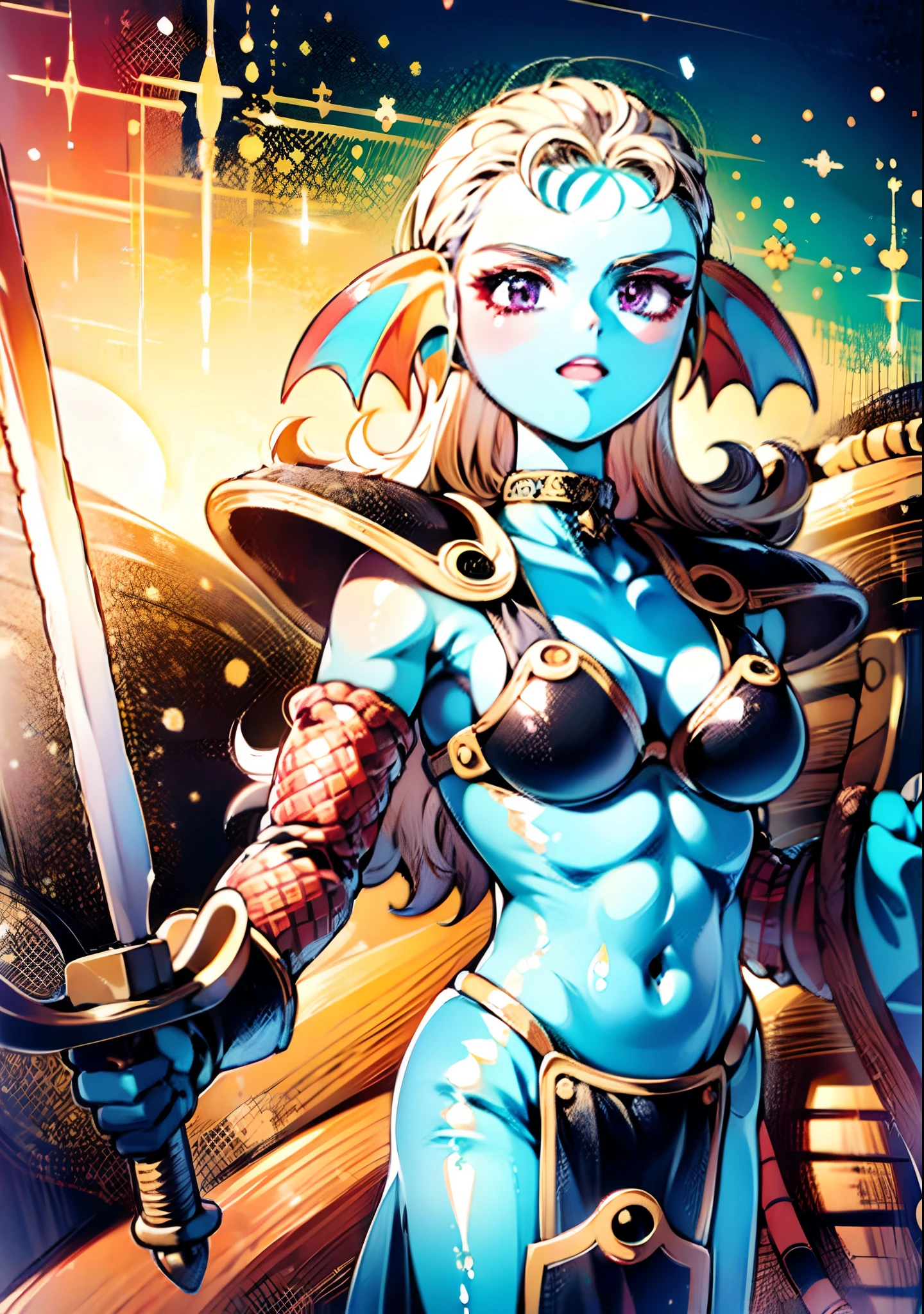 8K,High quality,Anime,married,Beautiful woman,Bright,Eye Highlights,Purple eyes,Sexy,ultra gigantic tits,oversized tits,Dark blue ,Erotic,beautiful line art. Blue skin, Blue and orange gradient fins, Black Bikini Armor, holding swords, Holding Shield, Bejeweled ornaments and bikini armor, Highly revealing outfits, Dark Facial Makeup, Golden Sword, Wooden shield,