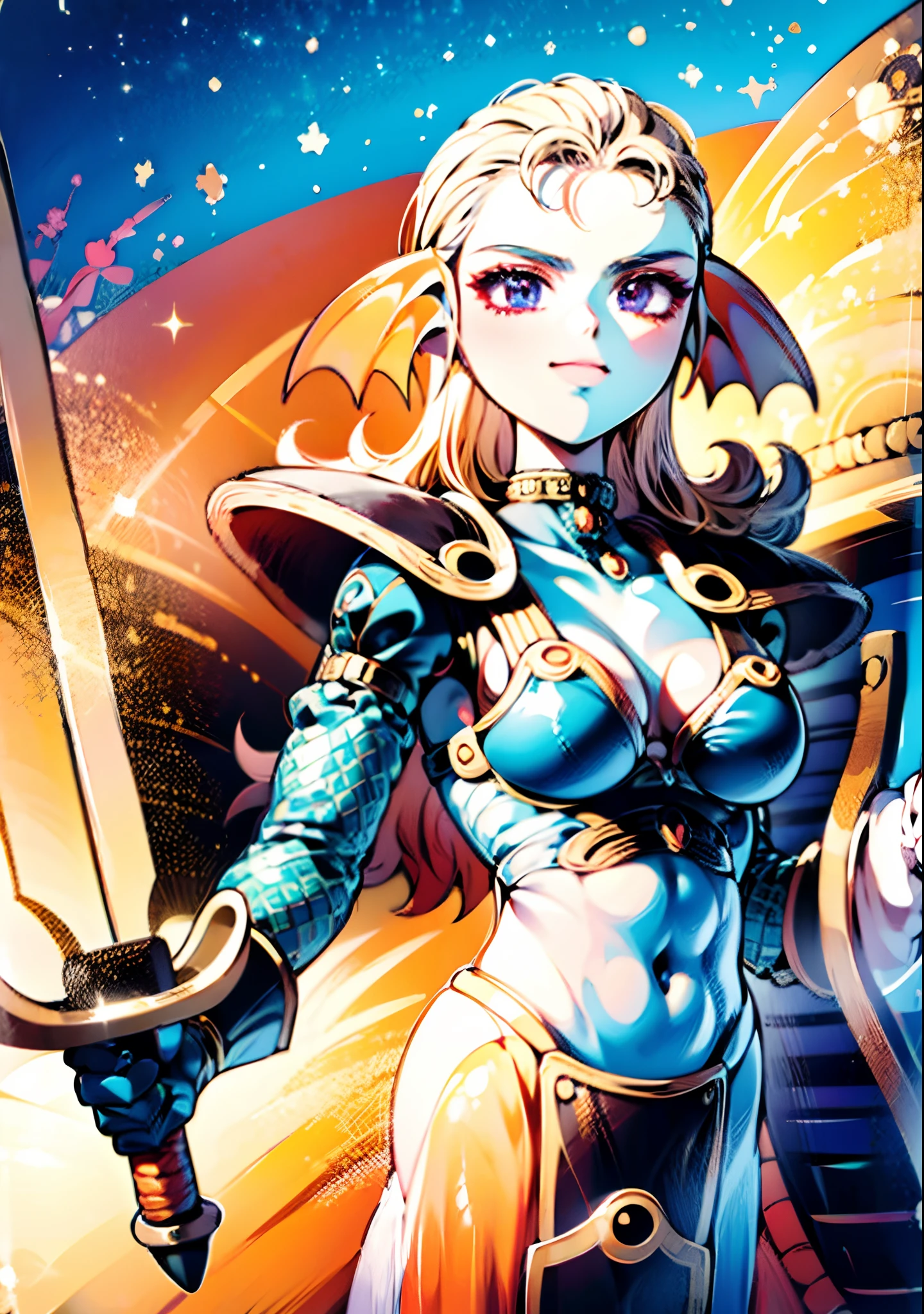 8K,High quality,Anime,married,Beautiful woman,Bright,Eye Highlights,Purple eyes,Sexy,ultra gigantic tits,oversized tits,Dark blue ,Erotic,beautiful line art. Blue skin, Blue and orange gradient fins, Black Bikini Armor, holding swords, Holding Shield, Bejeweled ornaments and bikini armor, Highly revealing outfits, Dark Facial Makeup, Golden Sword, Wooden shield,