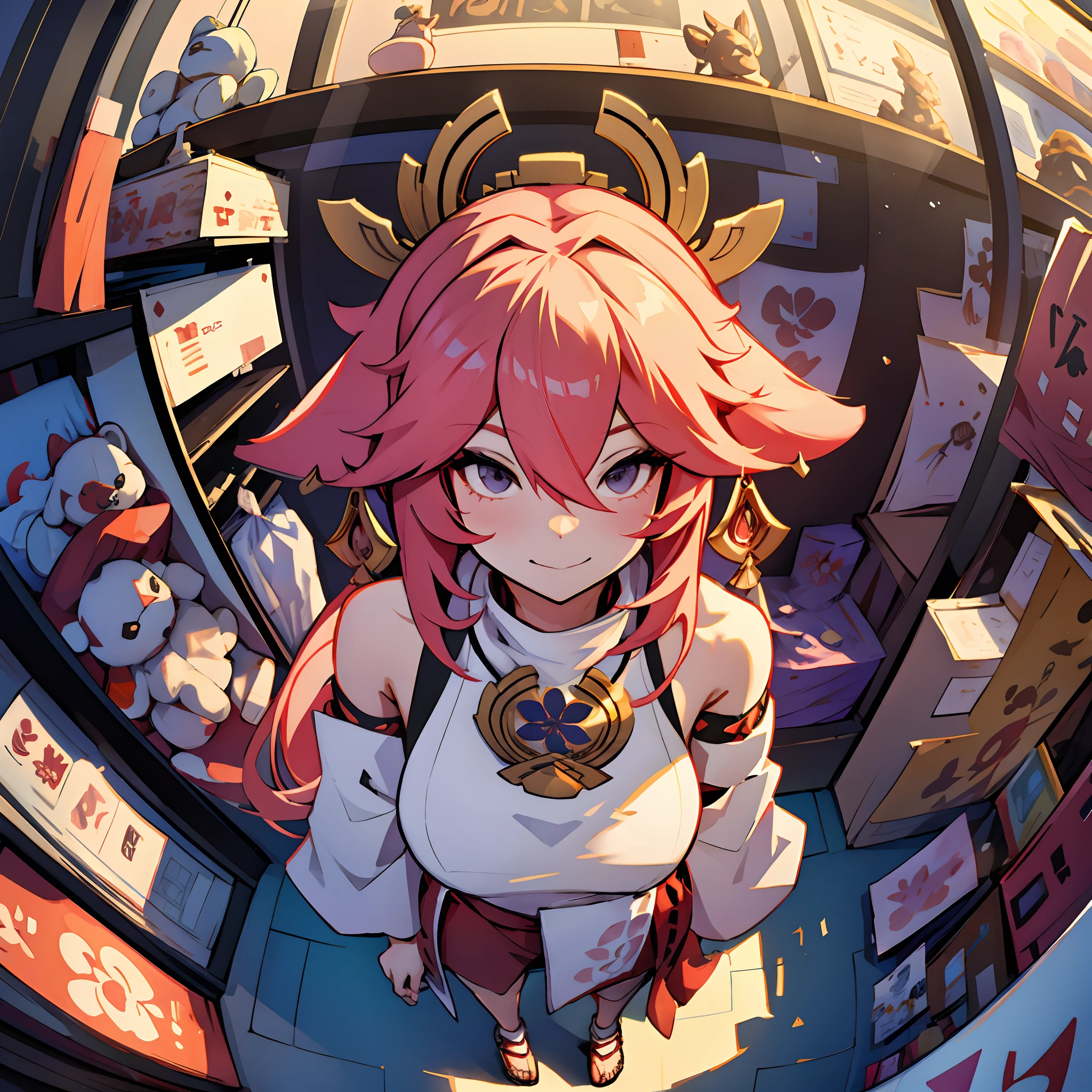 A girl standing in a stuffed animal store wearing stuffed animal head, from above, yae miko, fisheye