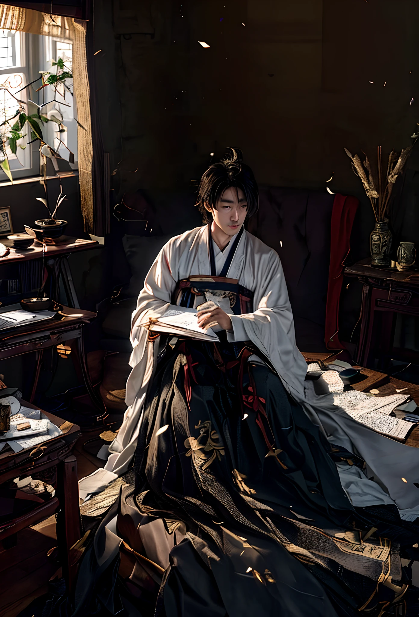 An adult Chinese man sits cross-legged in a dark room, Dressed in traditional Chinese white clothing.
A beam of light came in through the skylight.
Countless sheets of paper are scattered around the male, Overwritten in writing.
Writing desk and calligraphy brush in the room.4K,1080p,Masterpiece.