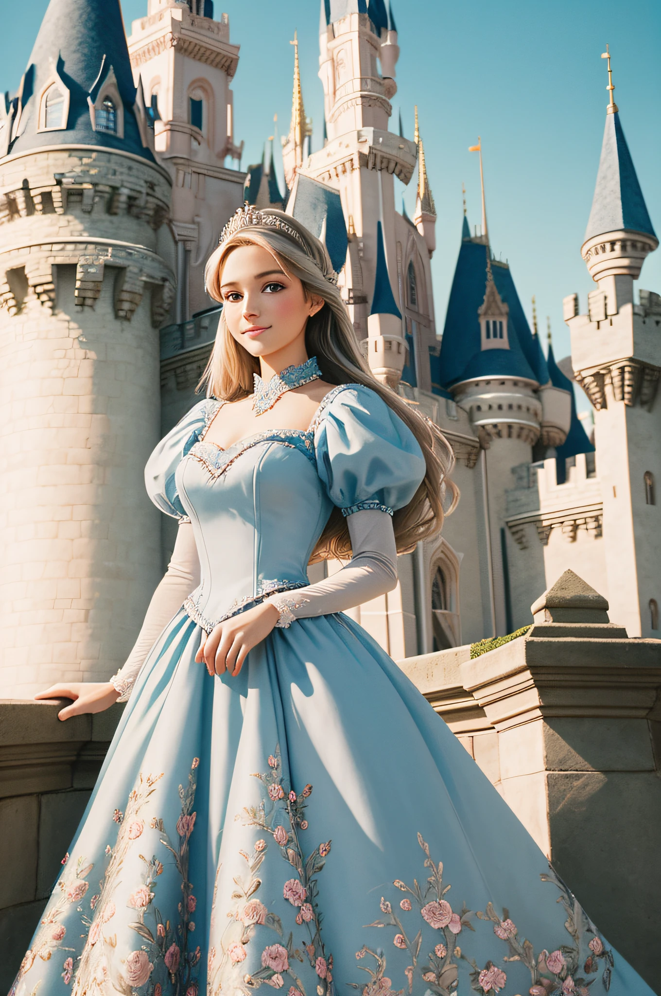 Fashion editorial. castle and floral edition, analog fashion portrait. portra 400 high dpi scan. very beautiful top model young, twenty years old as disney princess cinderella, tender smile, open gray eyes, disney cinderella castle as background, sepia pastel colors, morning soft light