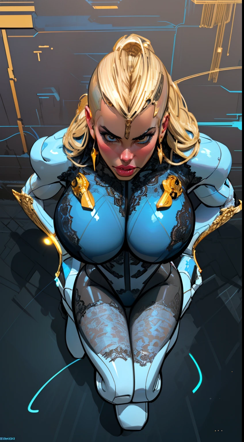 8k ((above view:1.6)), ((full body view))(large eyes:1.3), defined cheekbones, looking back, ((the pit style:1.4))((sleek dark blue bodysuit:1.6)) ((intricate lace details:1.6))detailed face:1.5), lightblue skin,(puffy lips:1.5) (lightblue skin:1.6), (bald woman:1.7), (skinhead) ((sexy pose)),(Muscular:1.3), ((gigantic breasts:1.5)), )highly detailed, Volumetric lighting, baroque oil painting by Greg Rutkowski, Artgerm, WLOP, dynamic angle,((intricate neon lines on bodysuit:1.3)), majestic, digital photography, best shadow, light particles, art by artgerm and ruan jia and greg rutkowski, ((gold shoulder pads:1.6)), (masterpiece), sidelighting, intricate details, (((black color palette)))