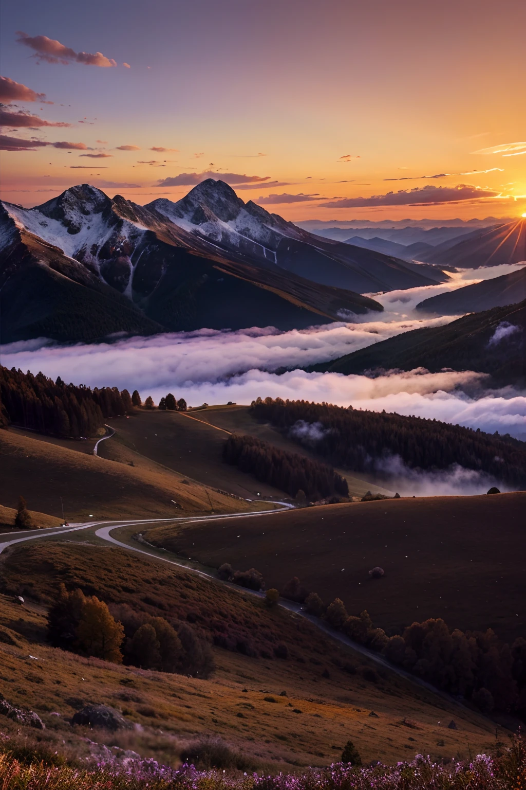 Beautiful scenery in the mountains, There are orange and purple clouds at sunset, Fascinating and magical.