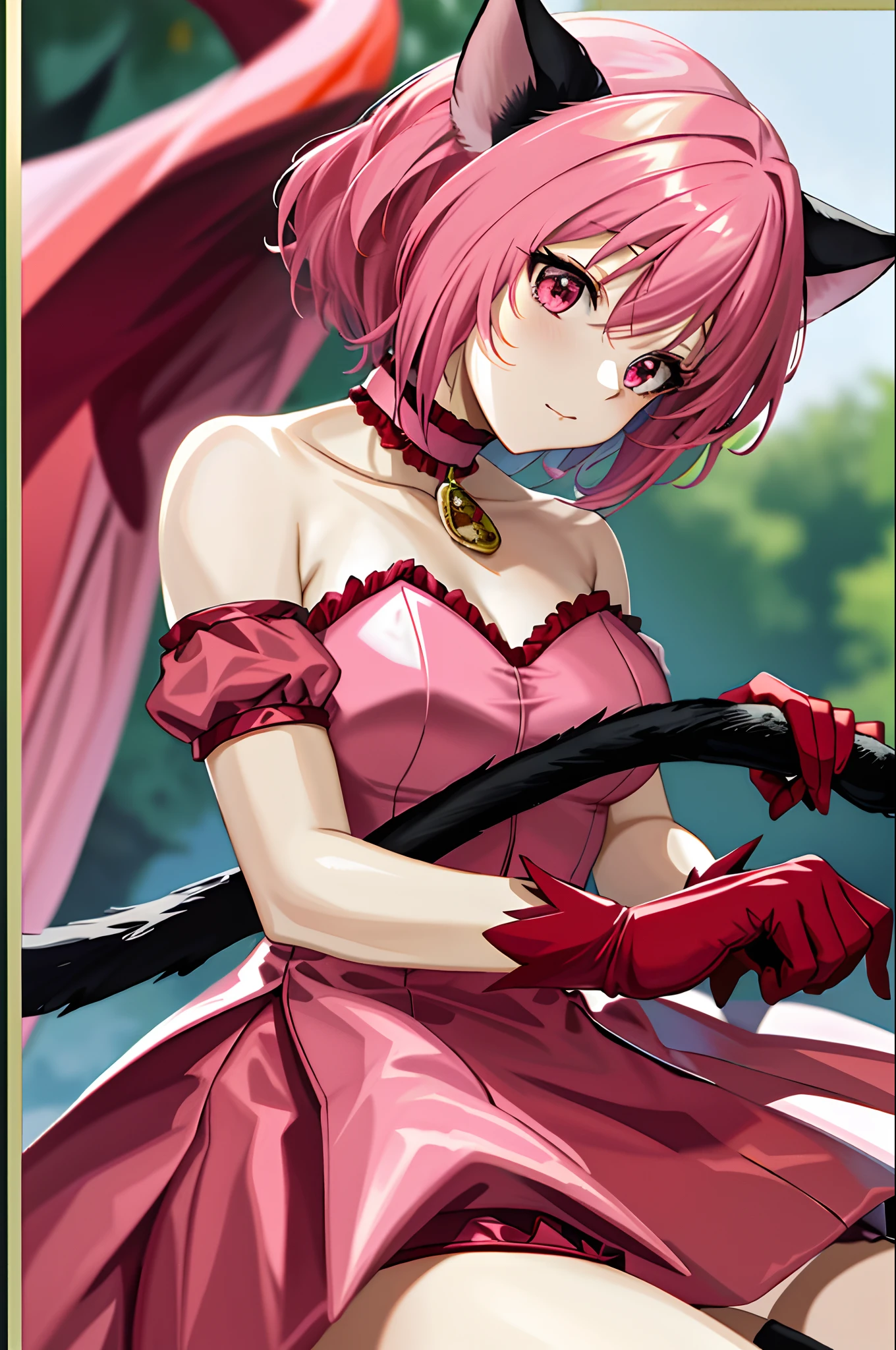 masterpiece, best quality, high resolution, mi1, tail ornament, tail bow, gloves, cat tail, jingle bells, red gloves, tail bell, choker, detached sleeves, magical girl, pink dress, strapless, cowboy shot, outdoors, breast emphasis, medium breasts, submission