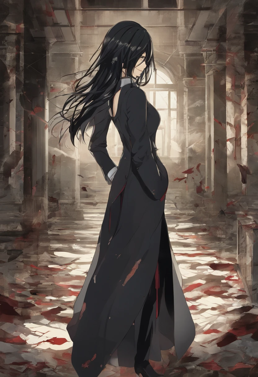 Mikasa Ackerman, with long black hair, Dressed in an elegant black suit, Walking around an abandoned house with the tip of a sword, super detailed image, Manga style, Full-HD