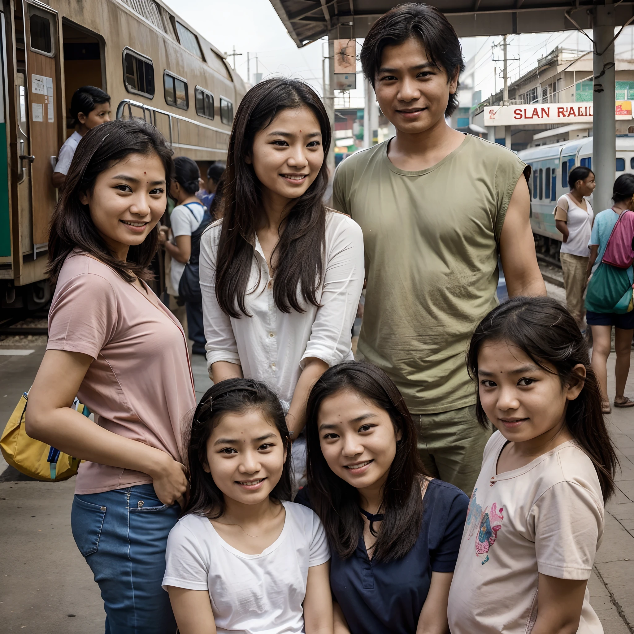 A typical middle ckass asian family with a kid, pampering all the time waiting at an indian railway station with alot of tensions in mind but smiling all the time