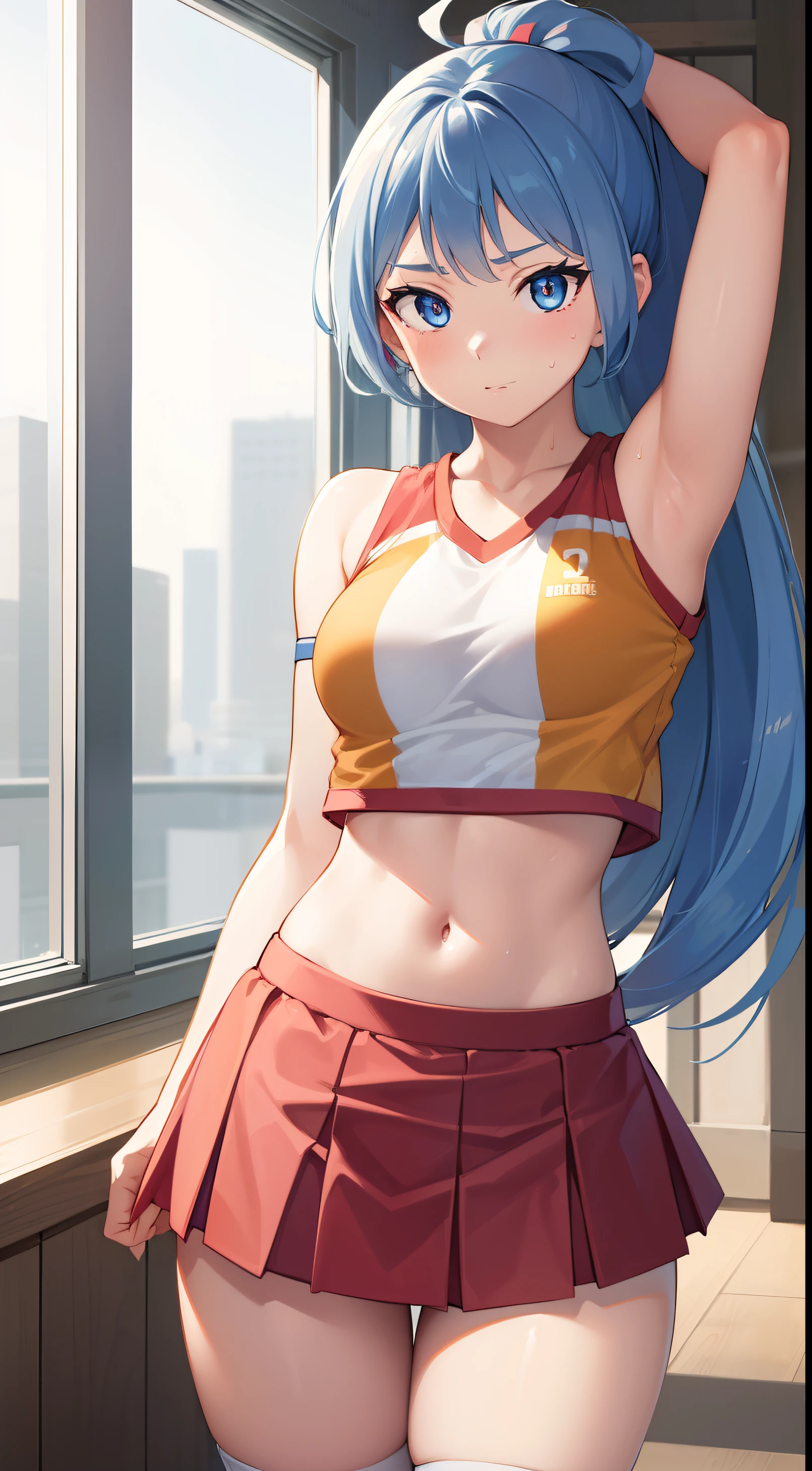 Highres, Masterpiece, Best quality at best,Best Quality,hight quality, hight detailed, 1girl, girl,  nejire hadou, blue eyes, blue hair, long hair,
BREAK cheerleader, crop top, midriff, sweat, navel, orange skirt, pink footwear,  (view from front), ponytail, skirt, (u.a. cheerleader uniform:1.5),
BREAK looking at viewer, upper body, close-up body, 
BREAK indoors, classroom,
BREAK (masterpiece:1.2), best quality, high resolution, unity 8k wallpaper, (illustration:0.8), (beautiful detailed eyes:1.6), extremely detailed face, perfect lighting, extremely detailed CG, (perfect hands, perfect anatomy),