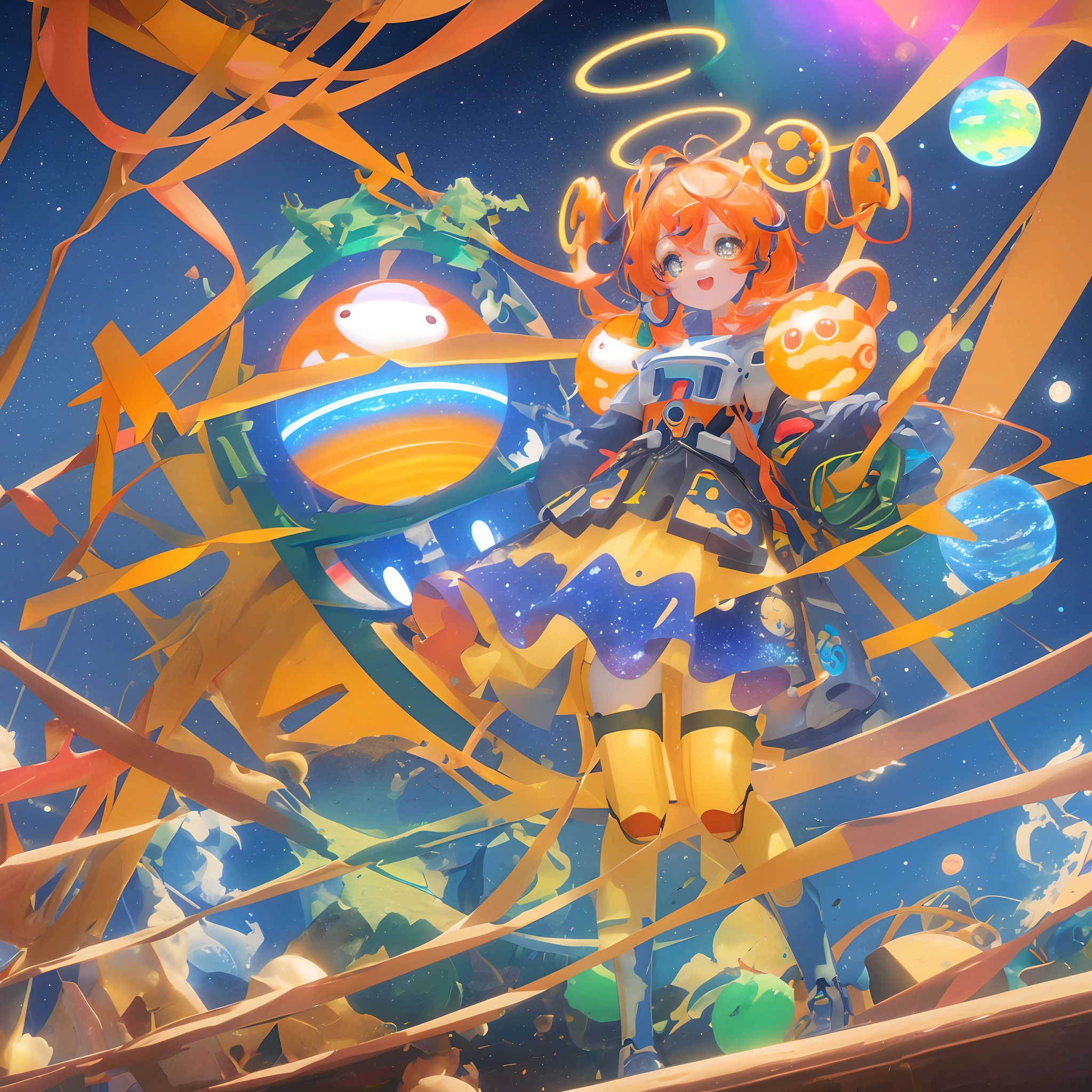 3d computer rendered image of 3DCG, digital illustration of a cute robot with a round head and body, colorful galaxy patterns on the robot's head and body, big eyes and a small mouth, the robot has two arms and two legs with yellow and orange accents , gradient background with colorful stars and planets, colorful floating orbs and rings