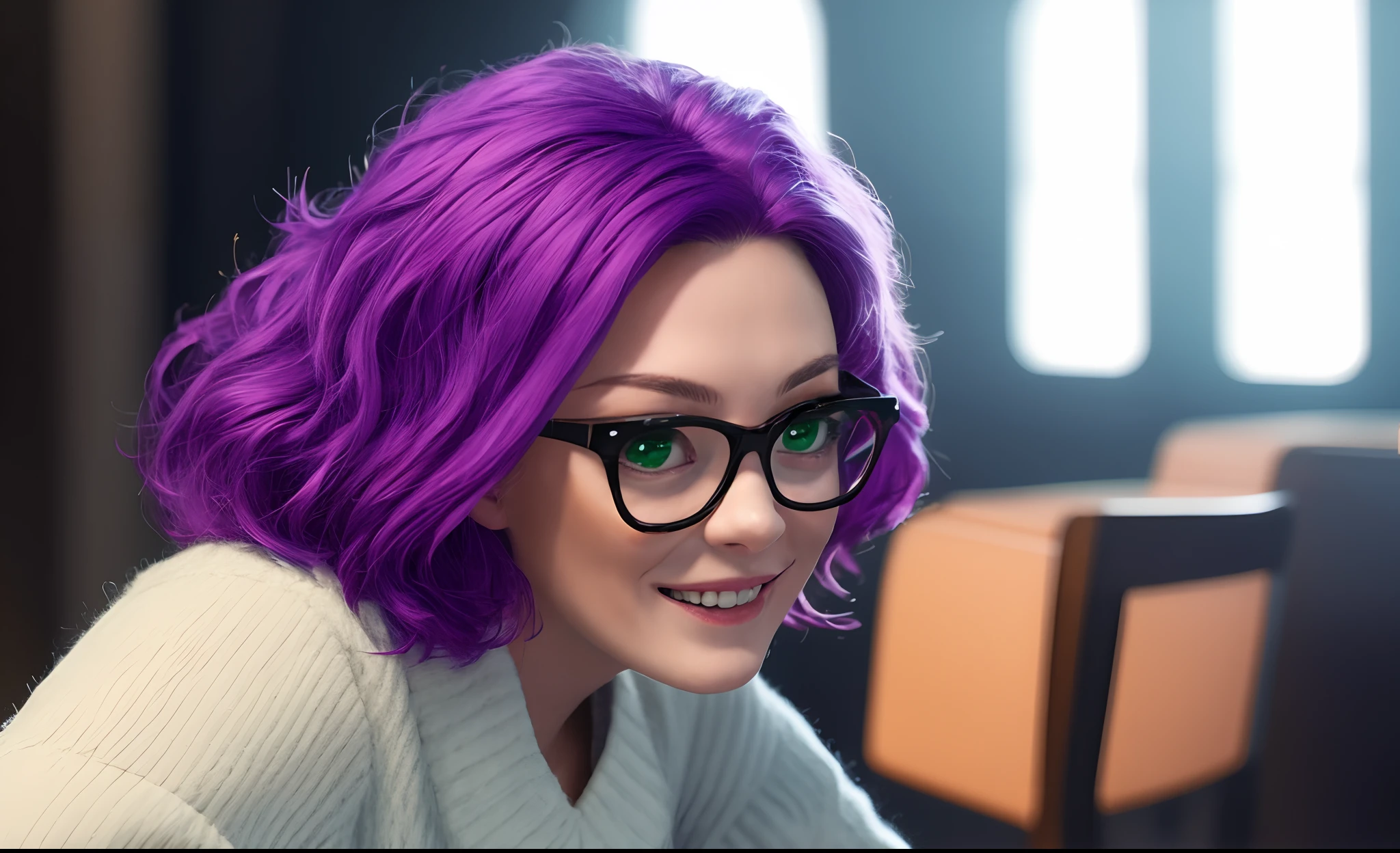 Strong, bubbly, woman with purple hair and green eyes